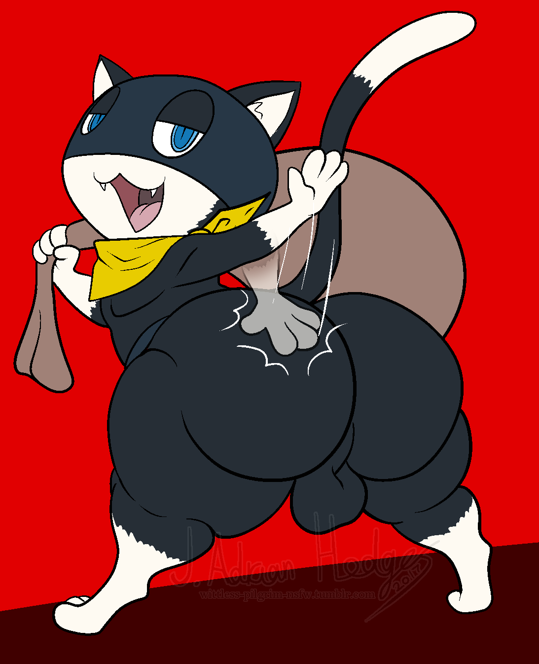 2017 4_fingers :3 aliasing anthro ass backsack balls bandana bedroom_eyes big_butt biped black_and_white_and_red black_balls black_body black_tail blue_eyes bubble_butt butt_focus butt_slap digitigrade dipstick_tail fangs feline full-length_portrait gloves_(marking) half-closed_eyes hi_res holding_object humanoid_hands inner_ear_fluff inviting long_tail looking_at_viewer looking_back male male_only mammal markings megami_tensei morgana_(persona) mostly_nude motion_blur motion_lines multicolored_tail open_mouth open_smile perineum persona persona_5 pink_tongue portrait presenting presenting_hindquarters rear_view red_background sack seductive shortstack simple_background slap slit_pupils smile socks_(marking) solo spread_legs spreading standing thick_thighs tongue two_tone_body watermark white_body white_tail wittless-pilgrim