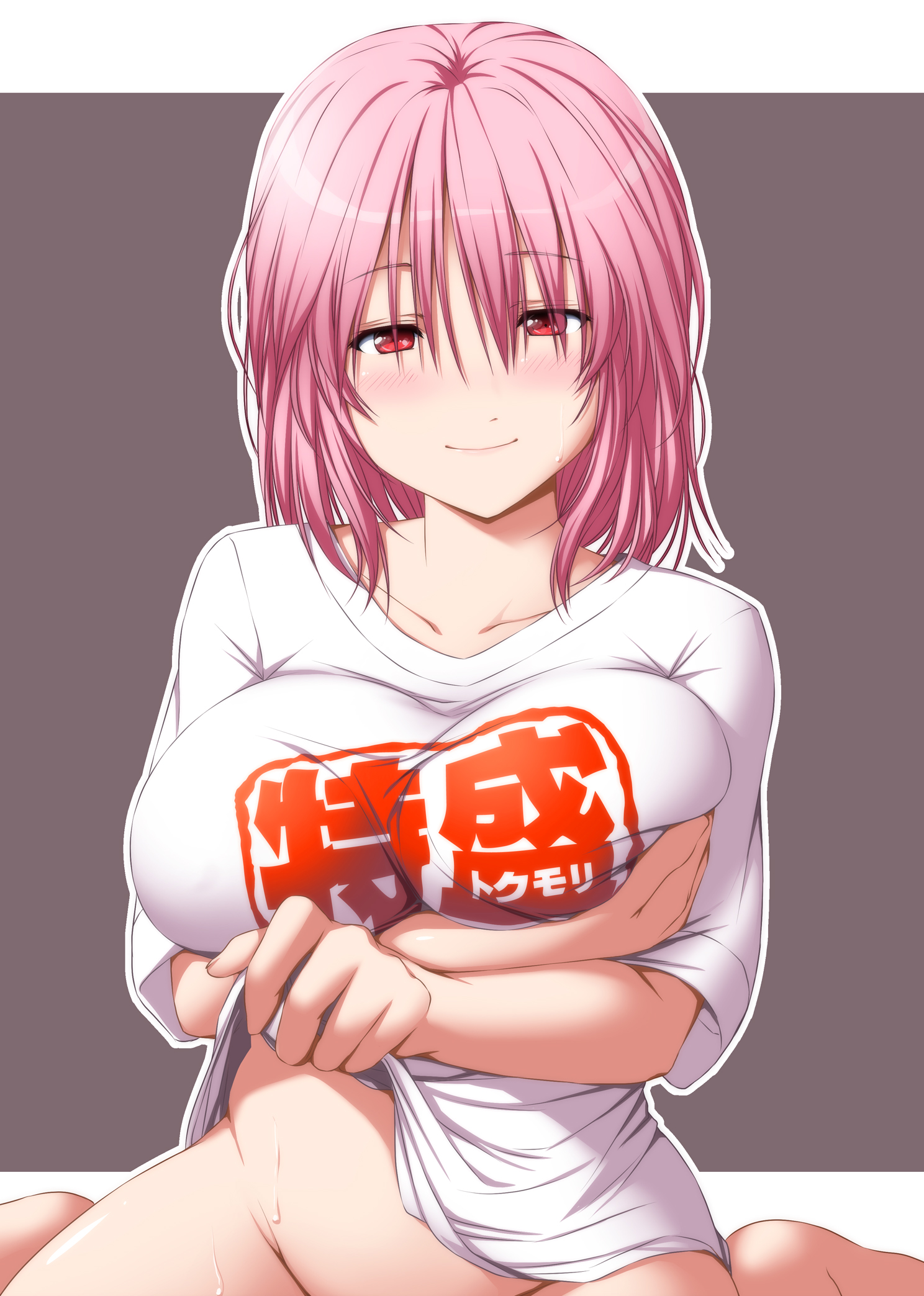 alternate costume, barefoot, bottomless, breast hold, breasts, casual, collarbone, female, hair between eyes, half-closed eyes, highres, large breasts, lifted by self, looking at viewer, nori tamago, pink hair, red eyes, shirt, shirt lift, smile, solo, sweat, touhou, two-tone background, white shirt, yuyuko saigyouji