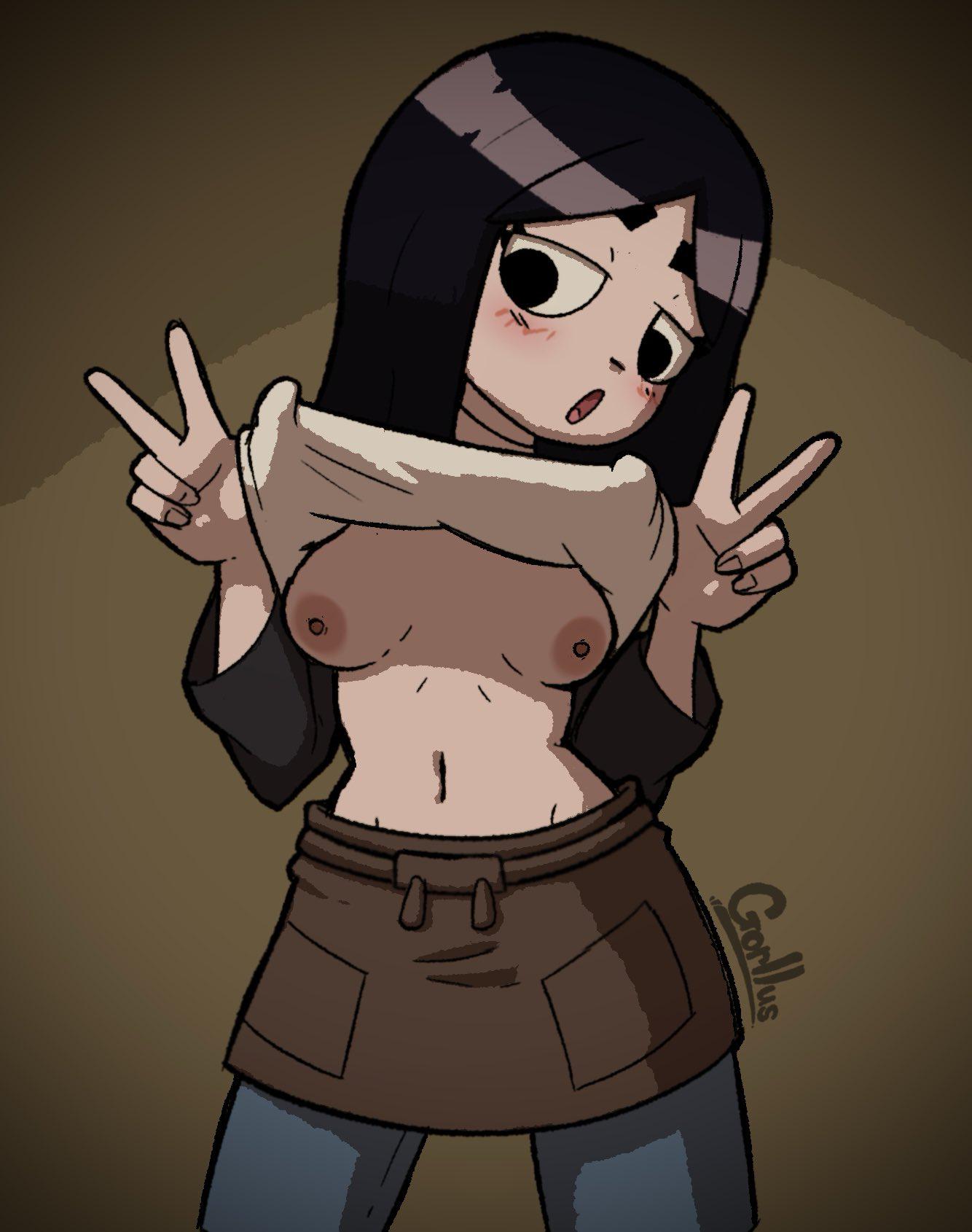 1girls, accurate art style, black eyes, black hair, blush, breasts, double v, female, flashing breasts, gorllus, light skin, light-skinned female, looking at viewer, partially clothed, peace sign, presenting, presenting breasts, scott pilgrim, scott pilgrim takes off, shirt lift, short hair, sister, solo, solo female, stacey pilgrim, young