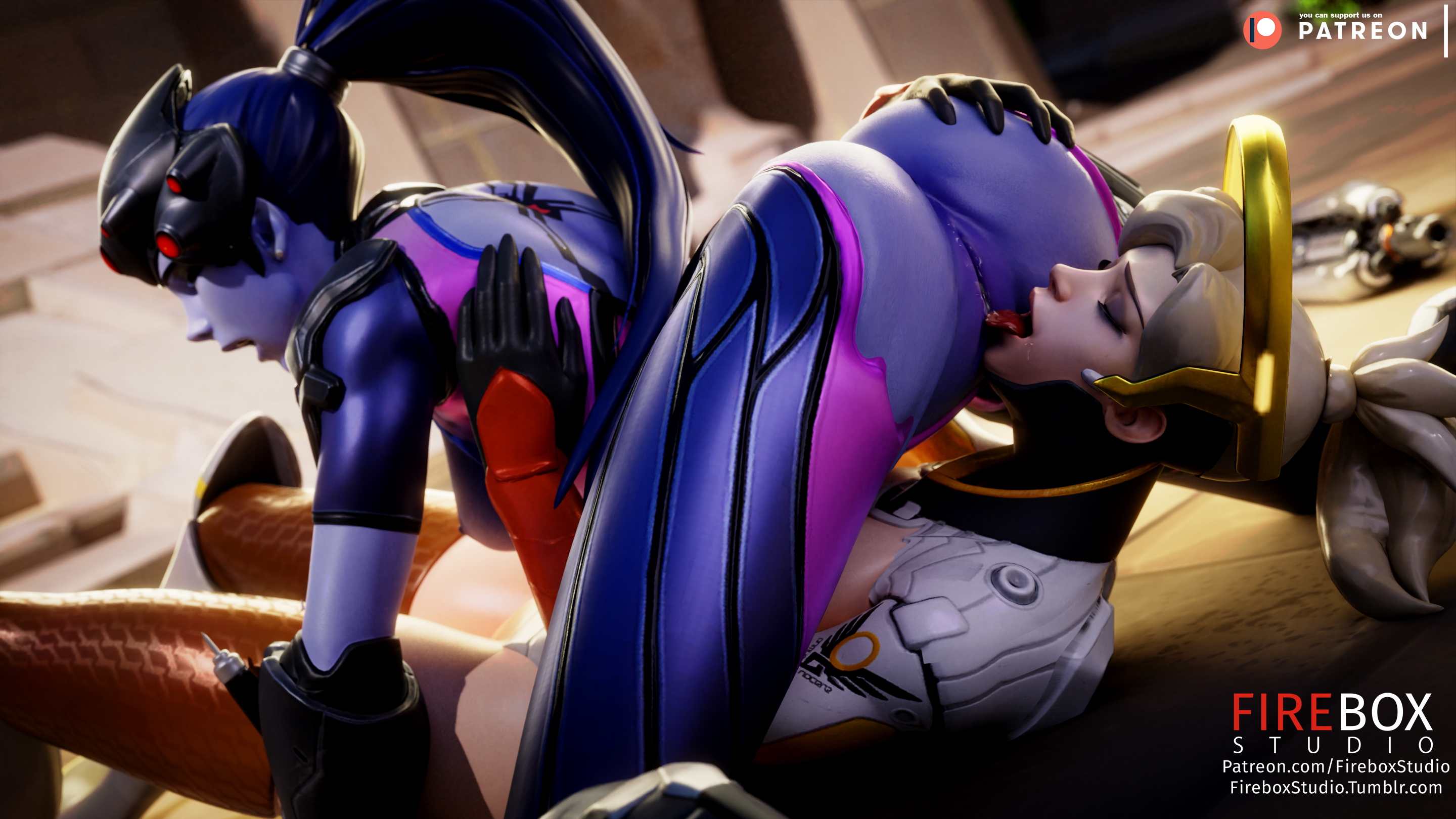 2girls, 3d, amelie lacroix, angela ziegler, ass, blender, blizzard entertainment, cunnilingus, female, female only, fireboxstudio, mercy, open mouth, oral, overwatch, patreon username, pussy, tongue, tongue out, tumblr username, widowmaker, yuri