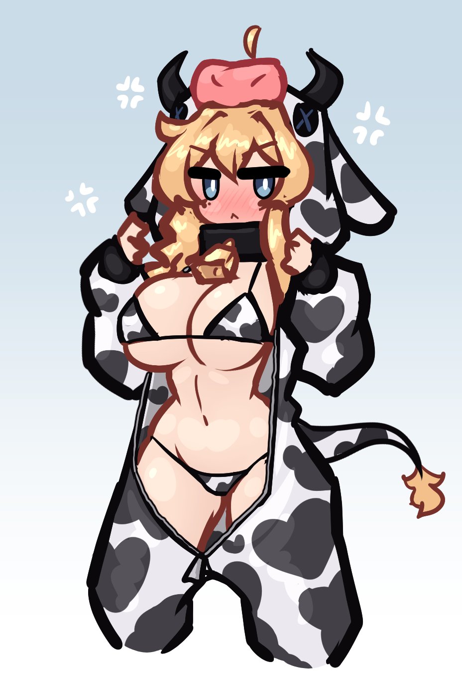 bikini, blush, cow girl, cow print, female, large breasts, limebreaker, revealing, revealing clothes, solo, virtual youtuber, whiskey project