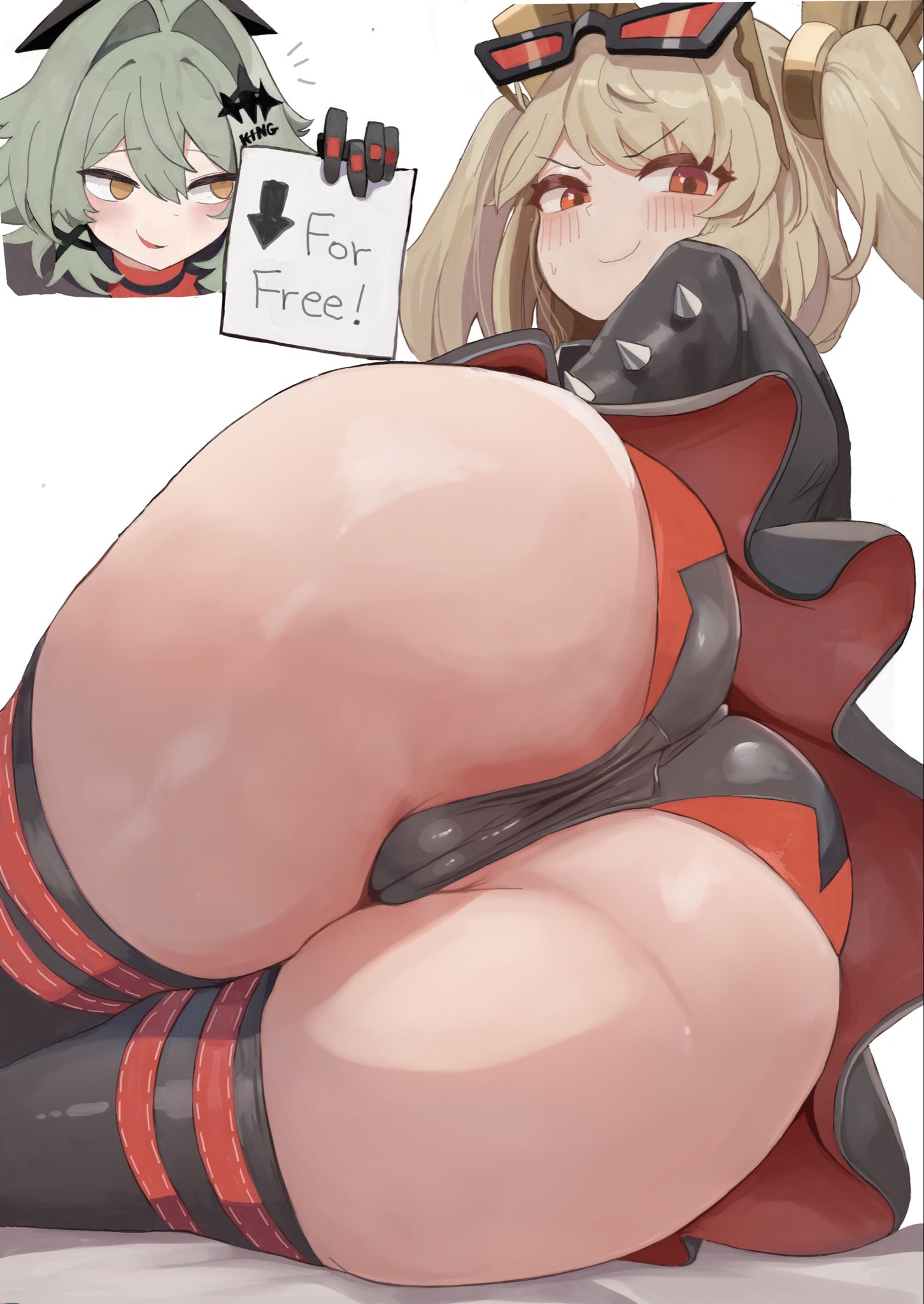 2girls, ass, ass focus, big ass, big breasts, big thighs, blonde hair, blush, breasts, burnice white, caesar king, dialogue, female, female focus, female only, gigantic breasts, huge ass, huge breasts, huge thighs, kim somang, looking at viewer, pussy, red eyes, skirt, tagme, text, thick hips, thick thighs, thighhighs, thighs, twintails, white background, zenless zone zero