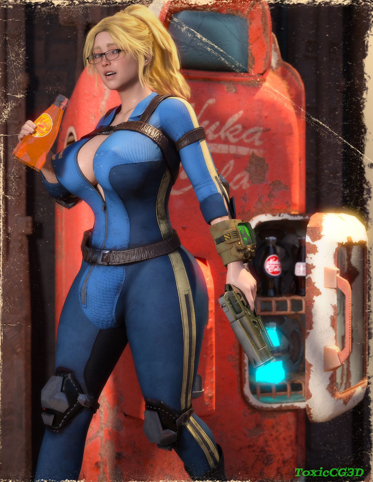 10mm pistol, 1futa, 3d, alternate version at source, bethesda softworks, big breasts, blonde hair, breasts, bulge, bulge through clothing, clothing, fallout, firearm, futa only, futanari, glasses, gun, handgun, human, intersex, large breasts, original character, package, pale skin, pistol, ponytail, sideboob, solo, toxiccg3d, weapon