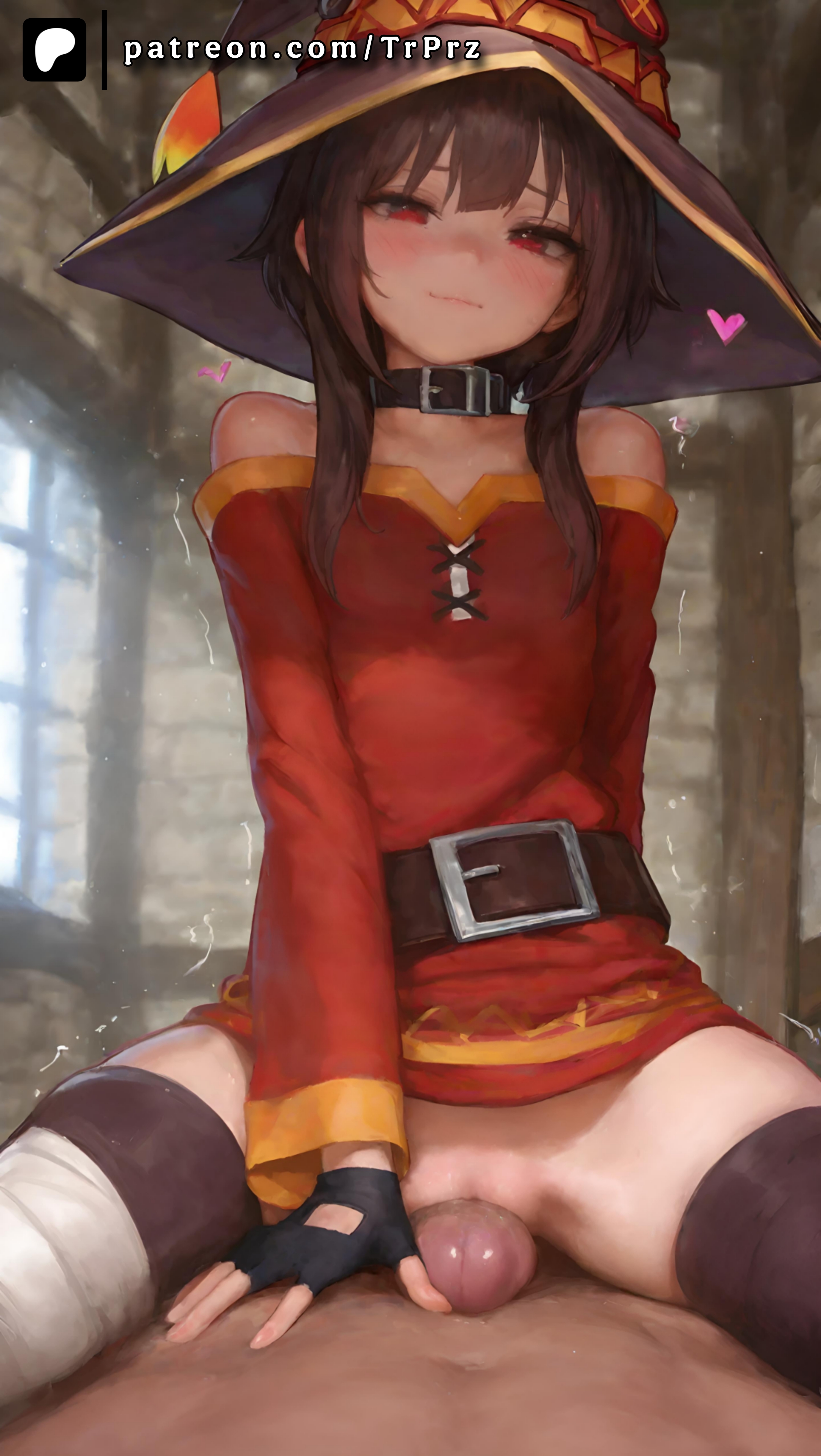 1boy, 1girls, ai generated, blush, choker, clothed female nude male, cowgirl position, female, female focus, fingerless gloves, grinding, grinding on penis, hat, kono subarashii sekai ni shukufuku wo!, long sleeves, looking at viewer, male, megumin, no panties, penis, pov, pussy, smile, thighhighs, trugprz