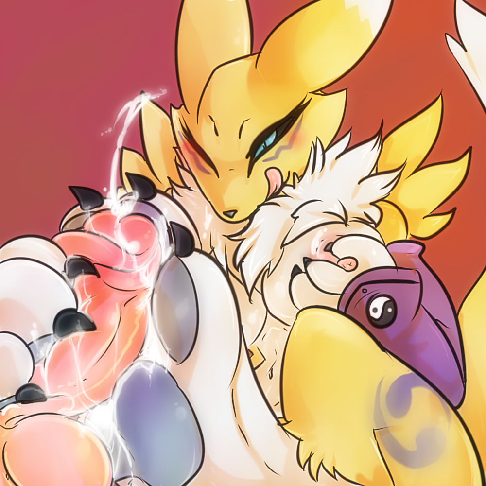 blonde_hair blush breast_grab breasts cum cum_on_breasts cum_on_feet digimon feet female foot_fetish foot_focus footjob furry hair hand_on_breast male paws pawsitively penis renamon sex simple_background straight tongue tongue_out