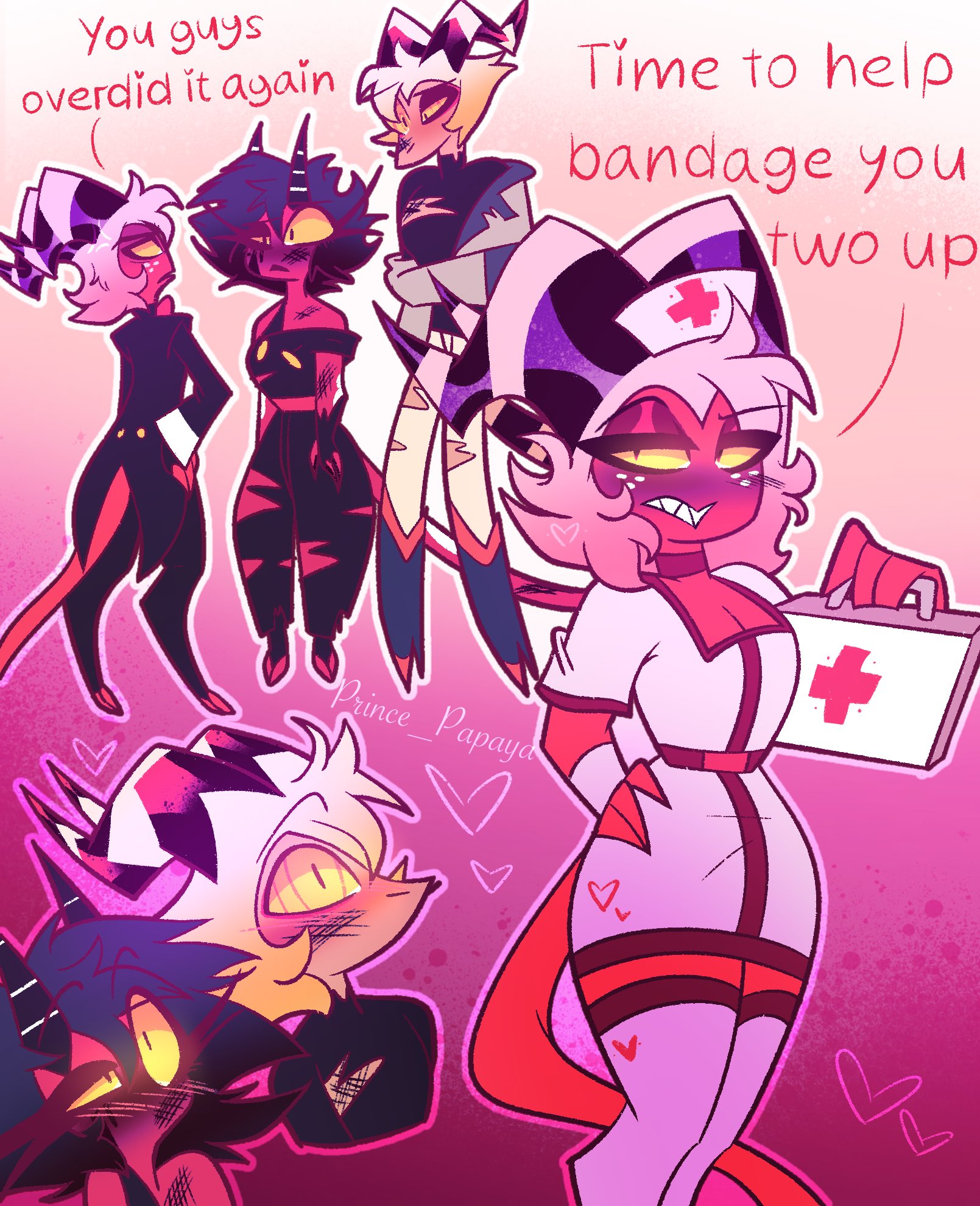 1girls, 2boys, blush, crossgender, embarrassed, female, genderswap, genderswap (ftm), genderswap (mtf), helluva boss, imp, male, medkit, millie (helluva boss), moxxie (helluva boss), mtf transformation, nurse, prince papaya, rule 63, striker (helluva boss), tagme, transformation