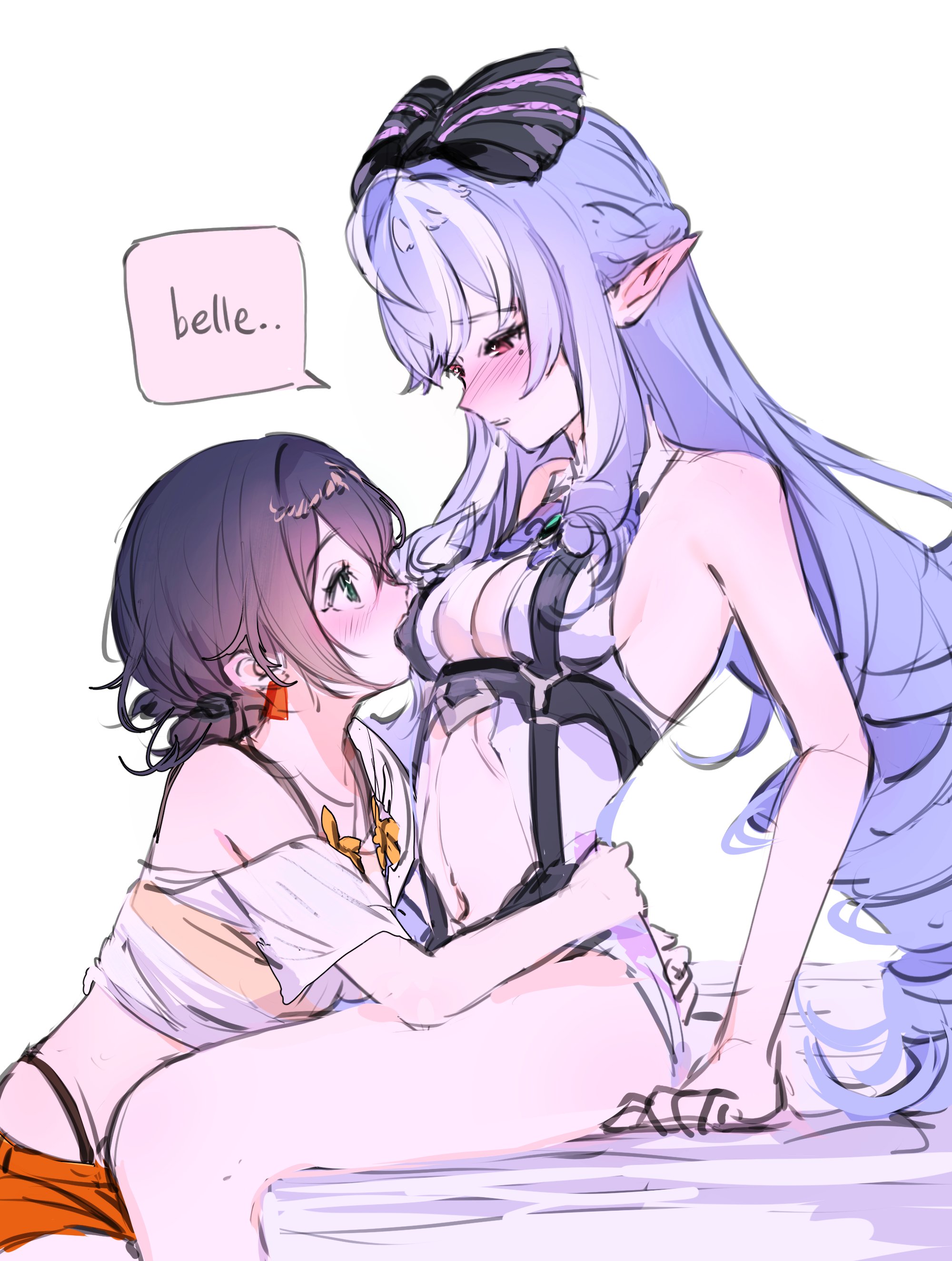 2girls, belle (summer skies) (zenless zone zero), belle (zenless zone zero), black hair, breast biting, breasts, english text, exposed breasts, female, hoyoverse, legs, long hair, mihoyo, naa nanau, official alternate costume, purple hair, red eyes, short hair, swimsuit, vivian banshee, vivian banshee (iris of the shore), white swimsuit, yuri, zenless zone zero