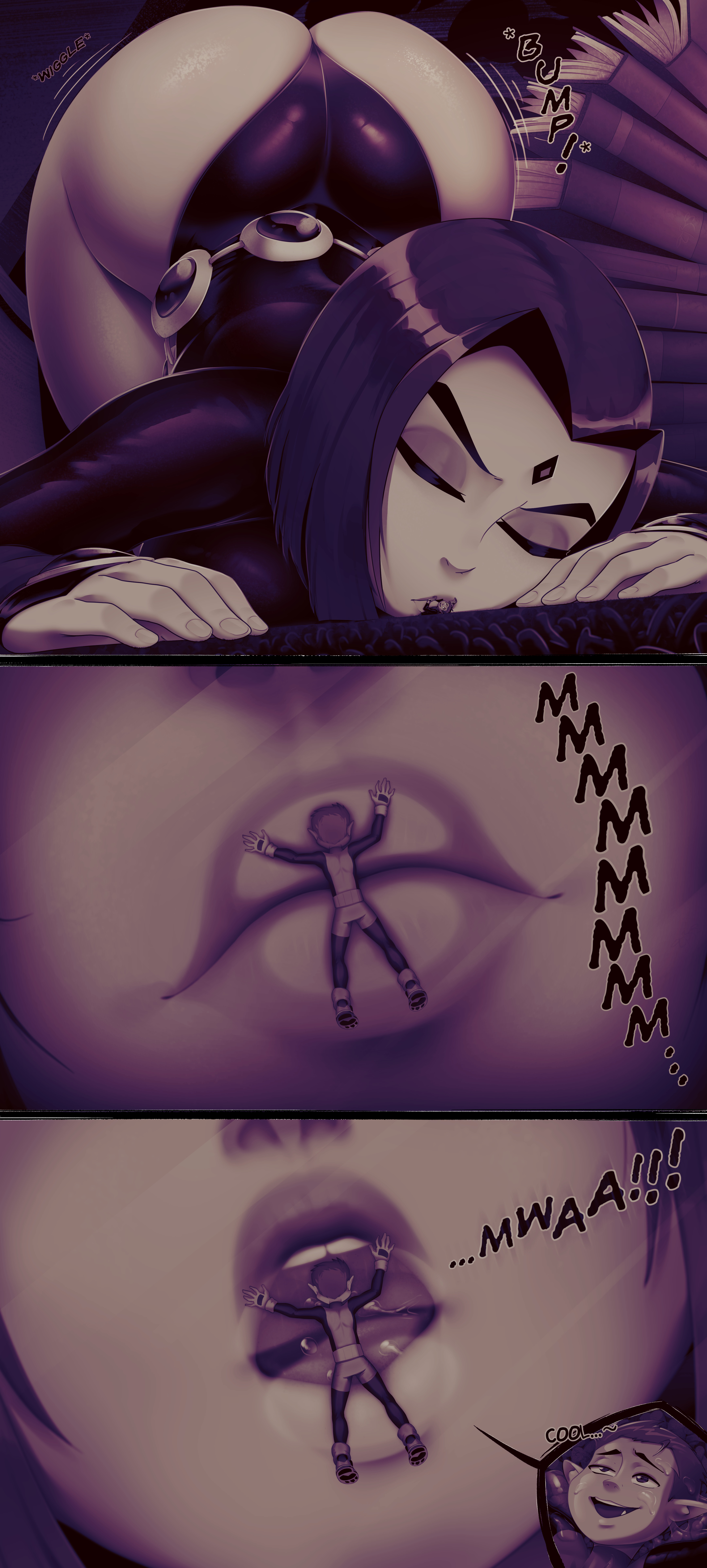1boy, 1girls, ass, beast boy, big ass, comic, comic page, dc, dc comics, demon, female, giantess, half demon, kissing, lips, male, monochrome, open mouth, purple hair, raven (dc), ravenravenraven, saliva, tagme, teen titans, text, thick lips