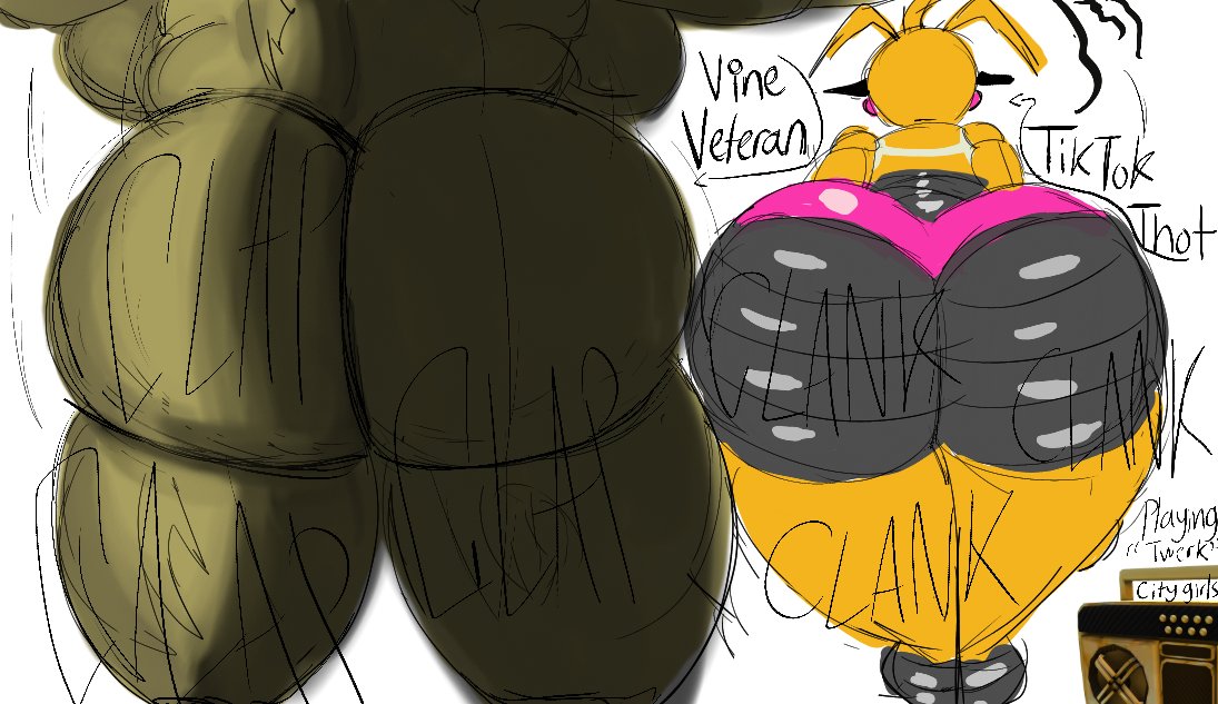 animatronic artist_request ass ass_focus back_view big_ass boombox clapping_cheeks english_text five_nights_at_freddy's five_nights_at_freddy's_2 meme music shaking sound_effects text thick_ass thick_thighs toy_chica_(fnaf) twerking withered_chica