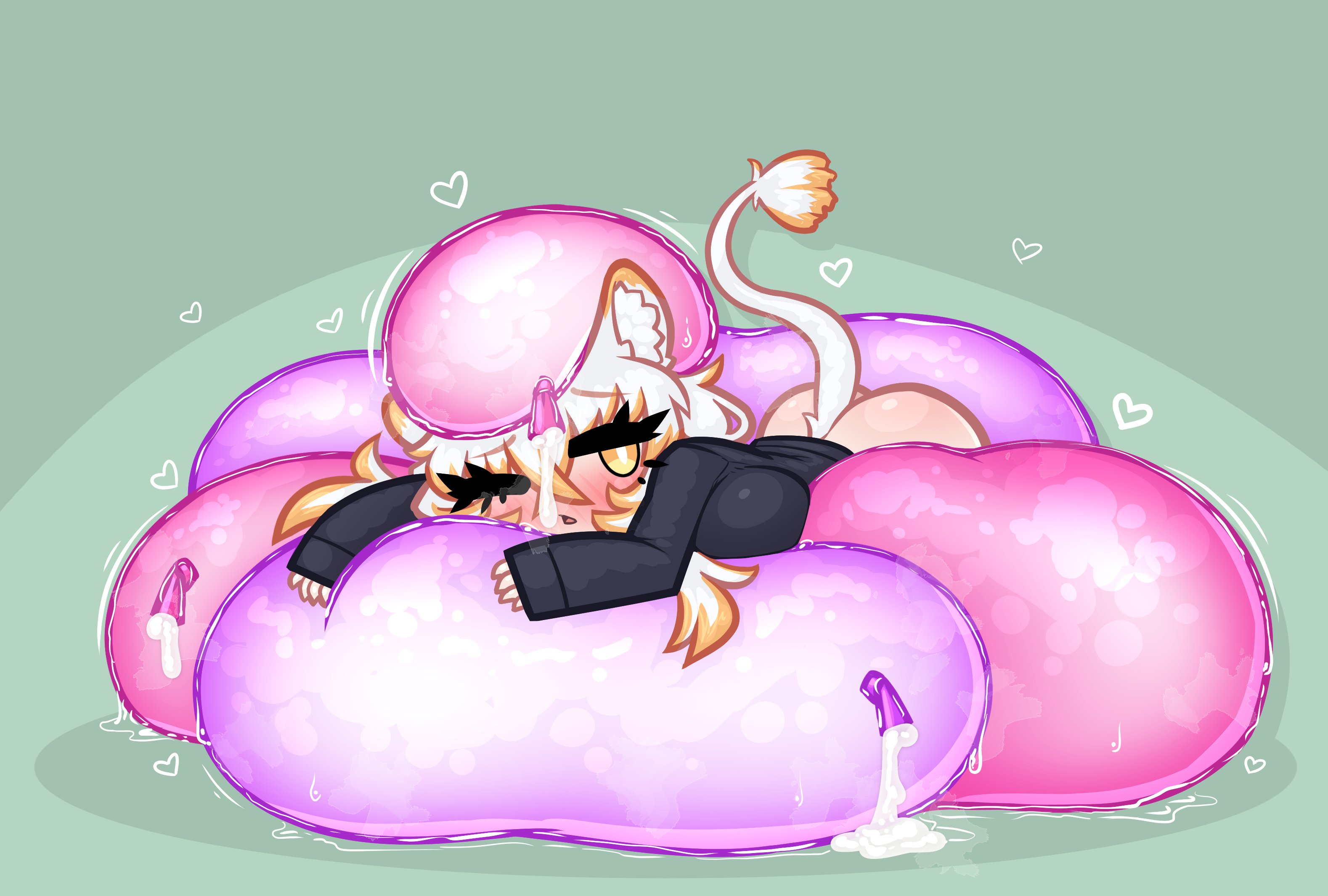 chibi, condom, condom balloon, excessive cum, futanari, intersex, limebreaker
