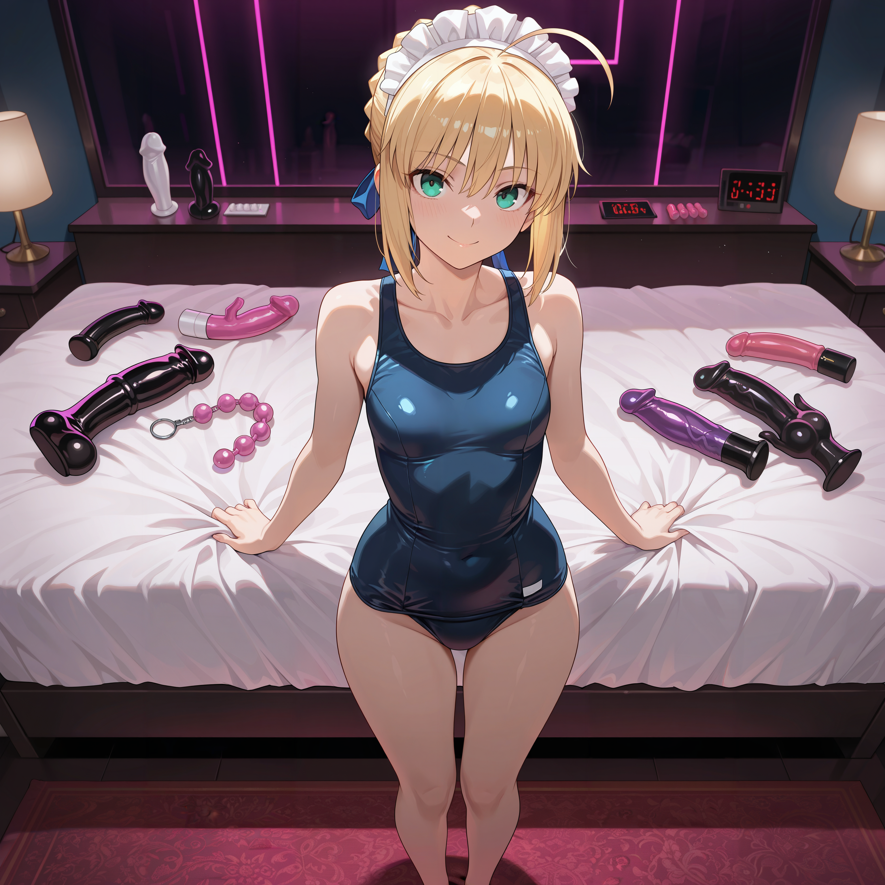 1girls, ai generated, anal beads, artoria pendragon, bed, black dildo, dildo, dildo collection, dildo on bed, dildo on shelf, female, femdom, happy, maid, multiple dildos, multiple sex toys, pink anal beads, pink dildo, purple dildo, rabbit vibrator, saber, school swimsuit, sex toy collection, sex toys, sitting, solo, standing, swimsuit, vibrator, white dildo