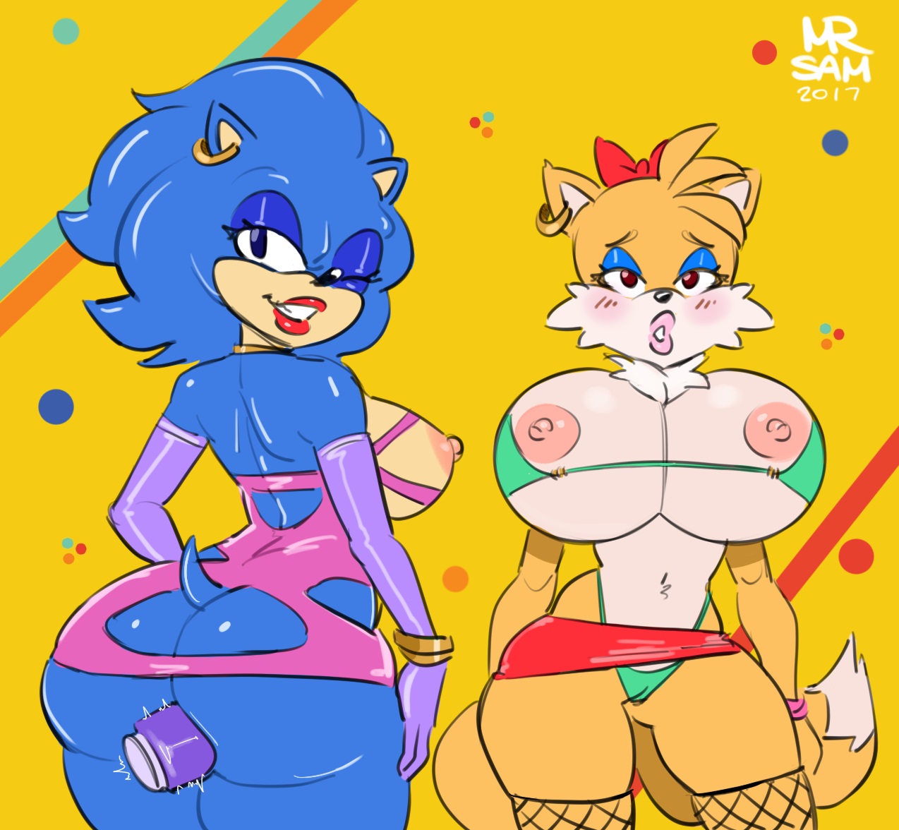 2017, 2girls, anal dildo, anal insertion, ass, bikini, bimbo, breasts, dildo, elbow gloves, eyeshadow, female, fishnet stockings, fishnets, fox, fox girl, fox tail, gloves, hedgehog, hoop earrings, huge breasts, latex, latex gloves, lipstick, makeup, multiple females, multiple girls, nipples, rule 63, samson 00, sega, skirt, sonic (series), sonic the hedgehog, sonic the hedgehog (series), tail, tails, tails the fox, thighhighs, vibrator, whale tail, wink