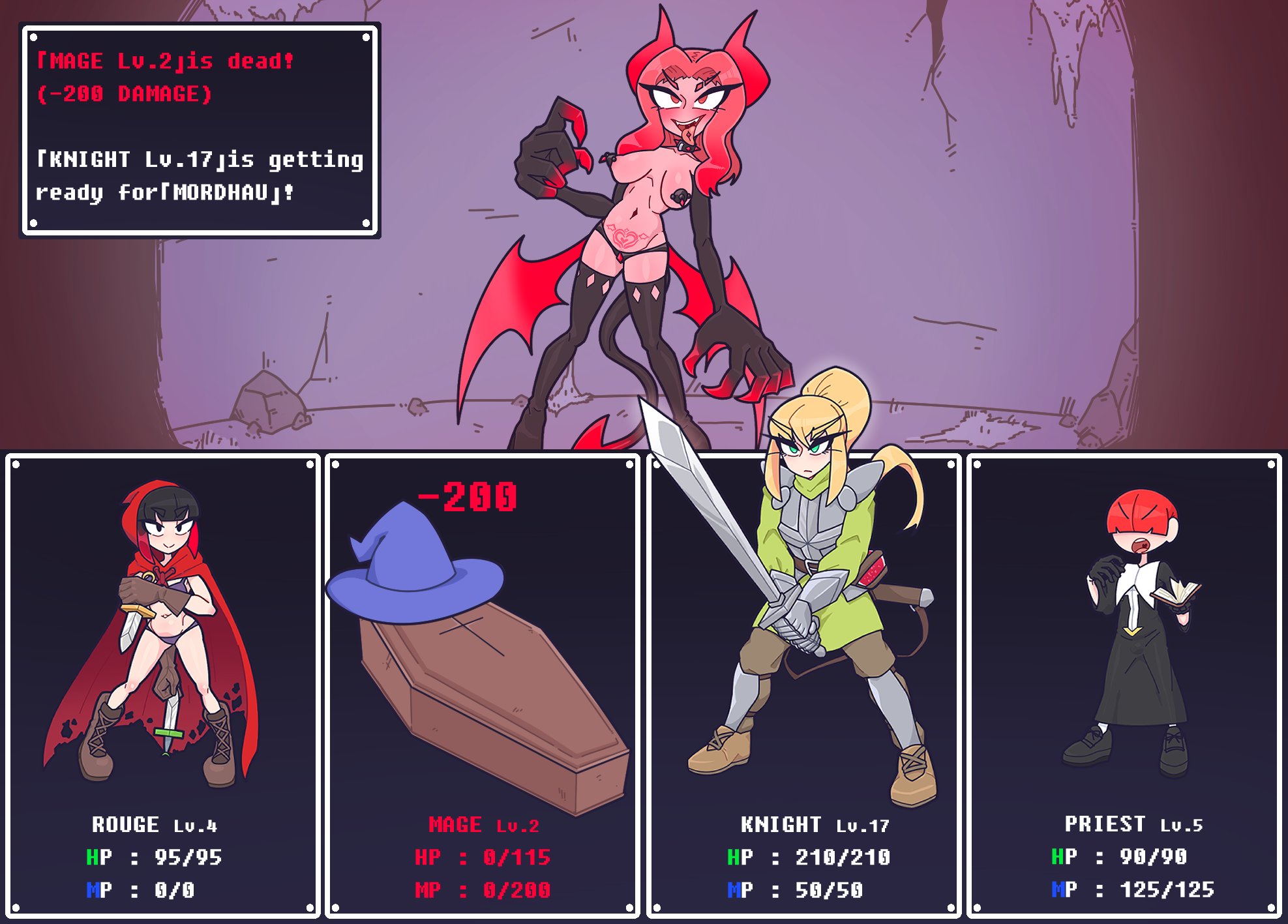 battle, coffin, comic, death, demon, demon girl, female, female death, human death, knight, kozatchu, priest, rogue, rpg, succubus