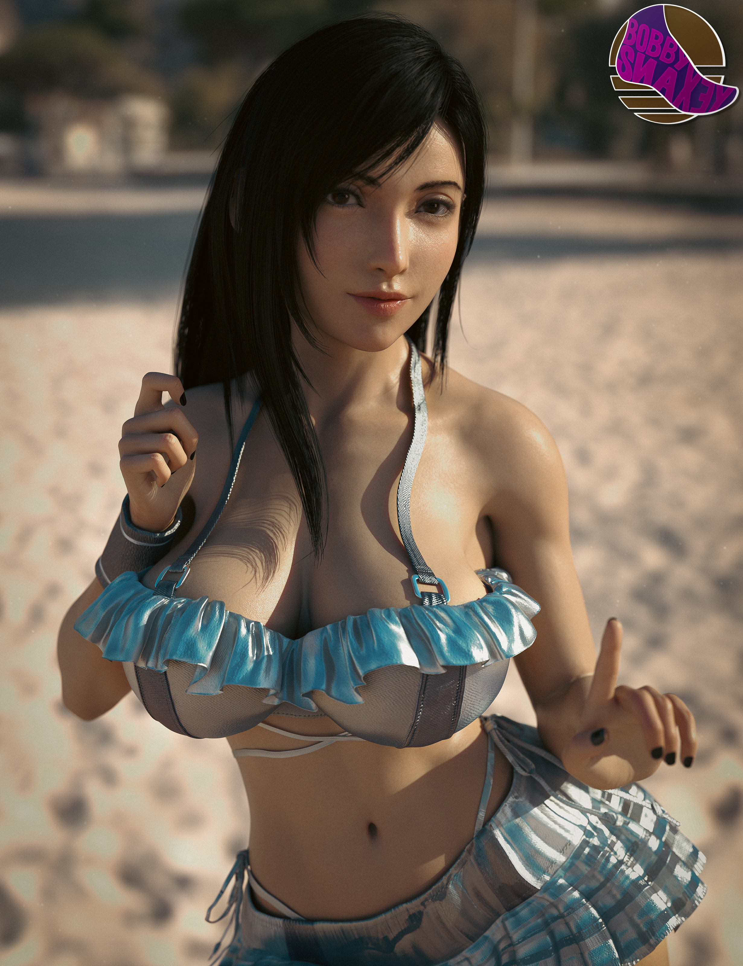 1girls, 2025, 3d, bare midriff, beach, bikini, bikini only, black hair, black nail polish, bobbysnaxey, breasts, covered breasts, female, female only, female torso, final fantasy, final fantasy vii, final fantasy vii remake, front view, hip tilt, huge breasts, long hair, nail polish, navel, no nude, no nudity, non nude, non-nude, outdoors, painted nails, short skirt, skirt, smile, solo, standing, tifa lockhart, upper body, very long hair