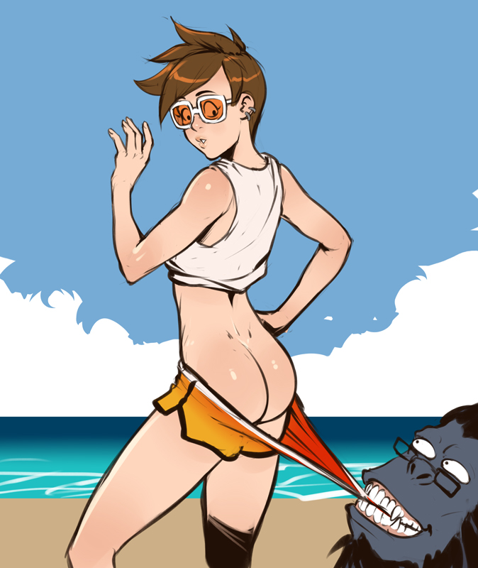 ass brown_hair duo female gorilla izra male overwatch short_hair sunglasses tracer winston