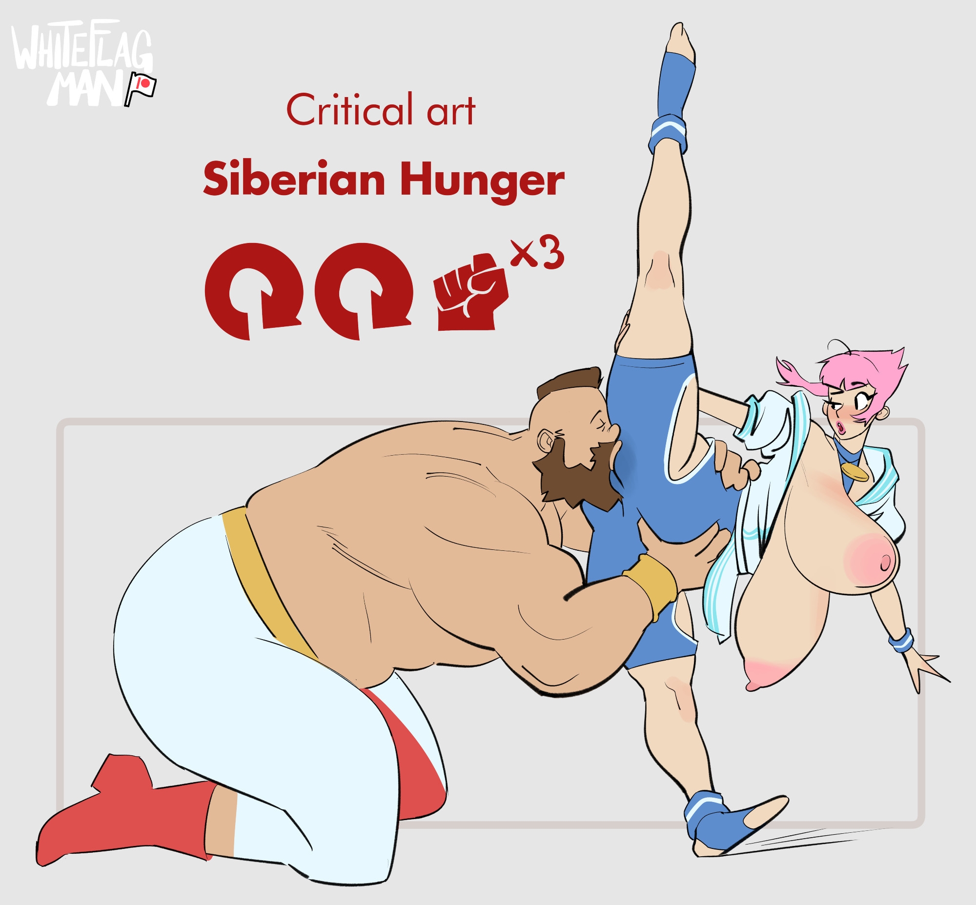 1boy, 1girls, 2d, beard, breasts, breasts out, capcom, cunnilingus, female, fighting game, male, manon legrand, pink hair, street fighter, street fighter 6, tagme, whiteflagman, zangief