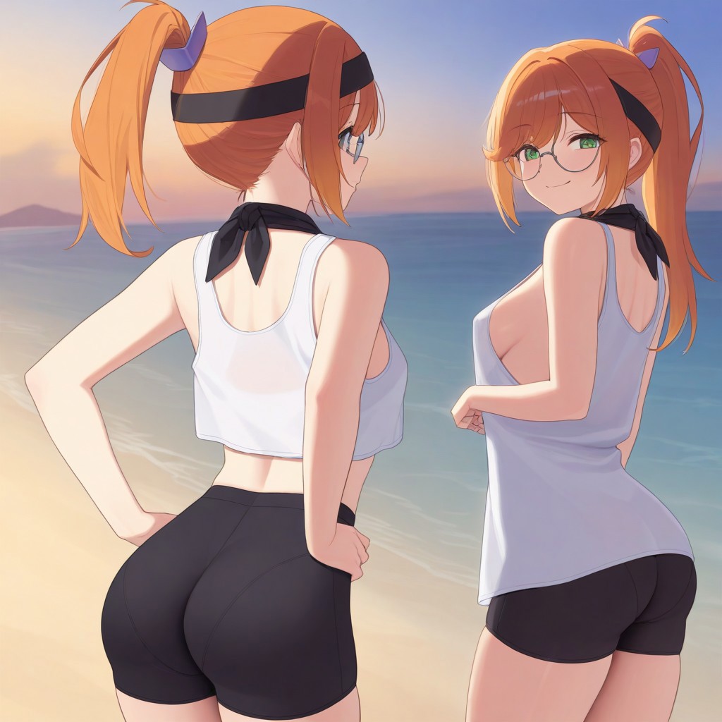 ai_generated bandana bike_shorts breasts ginger glasses green_eyes ponytail small_breasts tank_top thighs