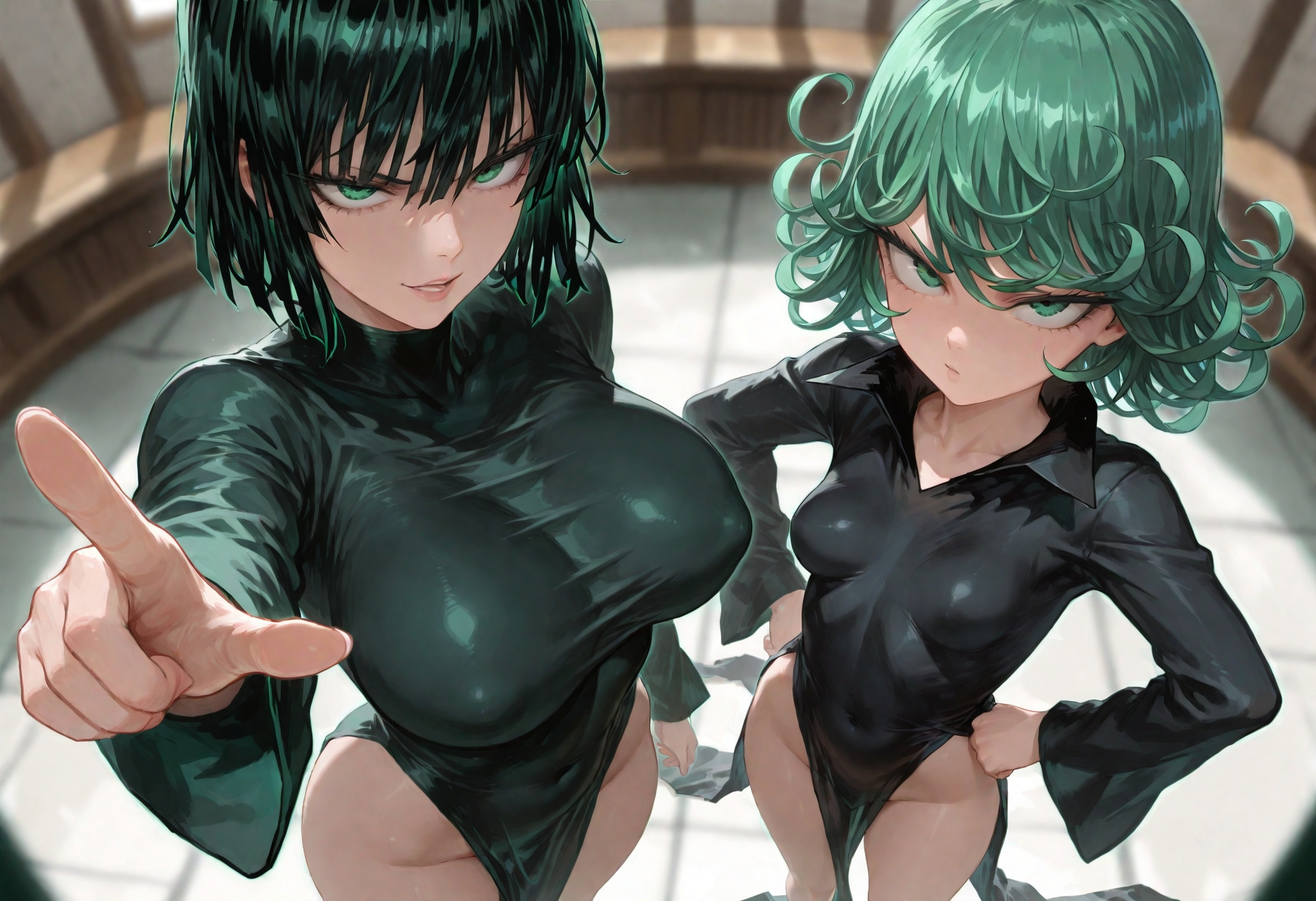 1girls, 2girls, ai generated, bare legs, bare thighs, big breasts, blush, breasts, clothed, clothing, color, female, female focus, female only, fubuki (one-punch man), green eyes, green hair, hi res, large breasts, light skin, light-skinned female, looking at viewer, nipple bulge, one-punch man, short hair, sisters, small breasts, solo female, tatsumaki, thick thighs