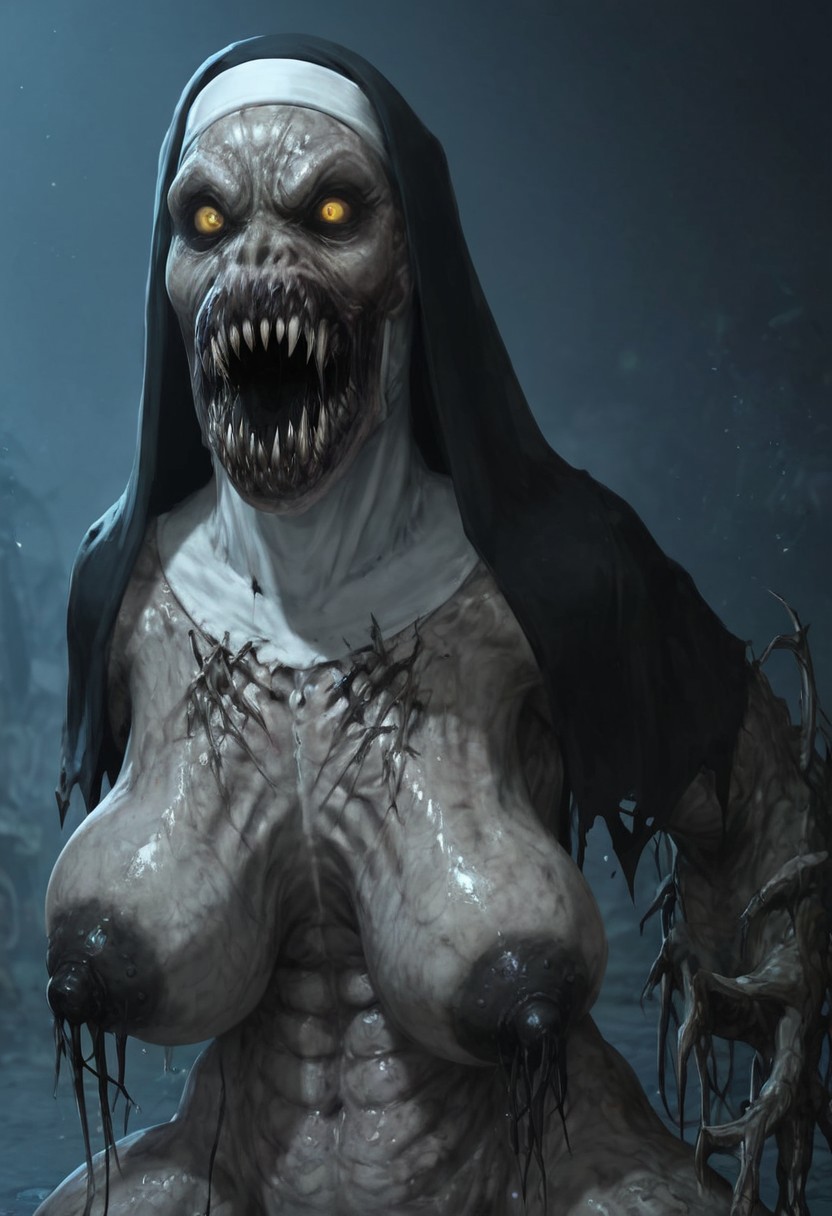 ai generated, black nipples, demon, demon girl, female, lizzie addams, monster, nightmare fuel, nightmare waifu, nipples, nun, nun outfit, nun's habit, undead, undead female, valak