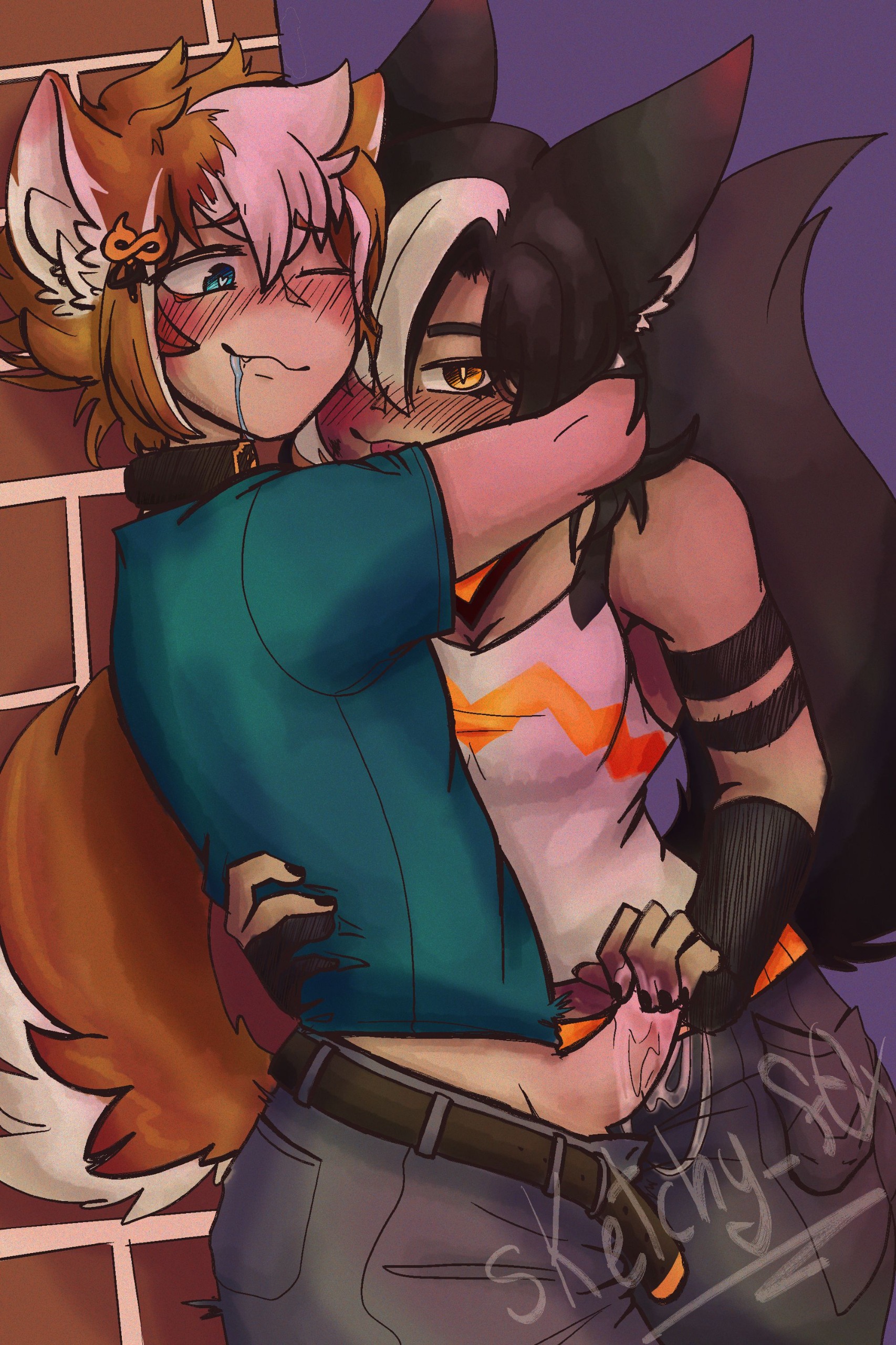 1boy, 1girls, alley, clothed, dog boy, dog ears, dog tail, dominant female, female, femdom, fox dog, fox ears, fox girl, fox tail, genshin impact, genshin impact oc, gentle femdom, gorou (genshin impact), handjob, male, male focus, multiple males, oc, sketchy f0x, sub male, submissive male