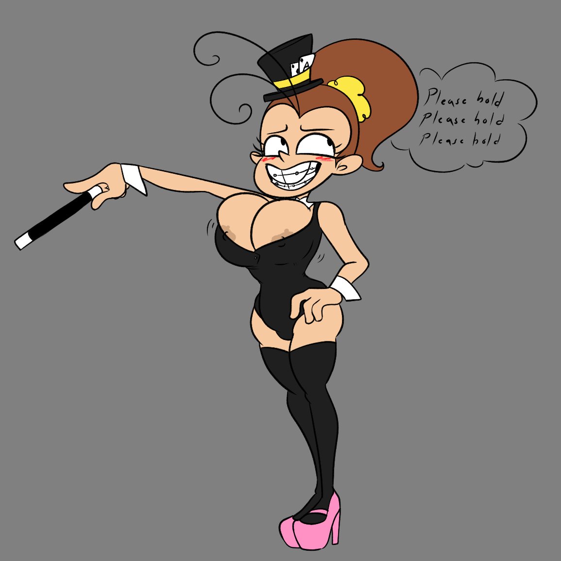 1girls, big teeth, black leotard, black thighhighs, braces, breasts, brown hair, bursting breasts, bursting cleavage, female, full body, large breasts, luan loud, magician hat, ponytail, simple background, sl0th, solo, standing, teeth, the loud house, thighhighs, wand