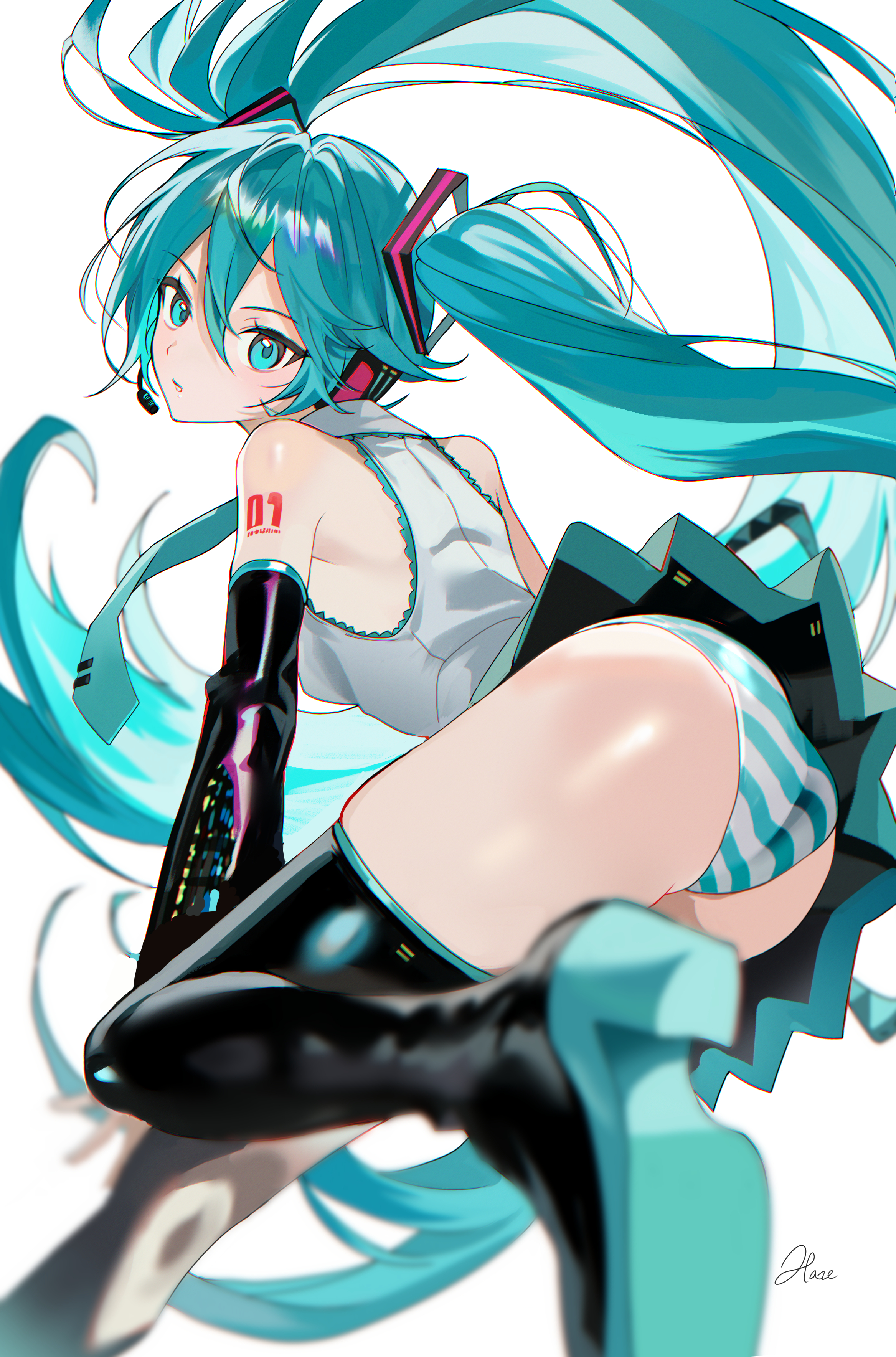 1girl, 1girls, absurdres, aqua eyes, aqua hair, ass, bare shoulders, black footwear, black skirt, black sleeves, black thighhighs, blurry, boots, breasts, detached sleeves, female, female only, from below, grey shirt, hair between eyes, hatsune miku, haze (ohw8g), headset, high heel boots, high heels, highres, long hair, looking at viewer, looking back, medium breasts, necktie, panties, pleated skirt, shiny, shirt, signature, simple background, skindentation, skirt, sleeveless, sleeveless shirt, solo, striped, striped clothes, striped panties, tattoo, thigh boots, thighhighs, twintails, underwear, upskirt, very long hair, vocaloid, white background