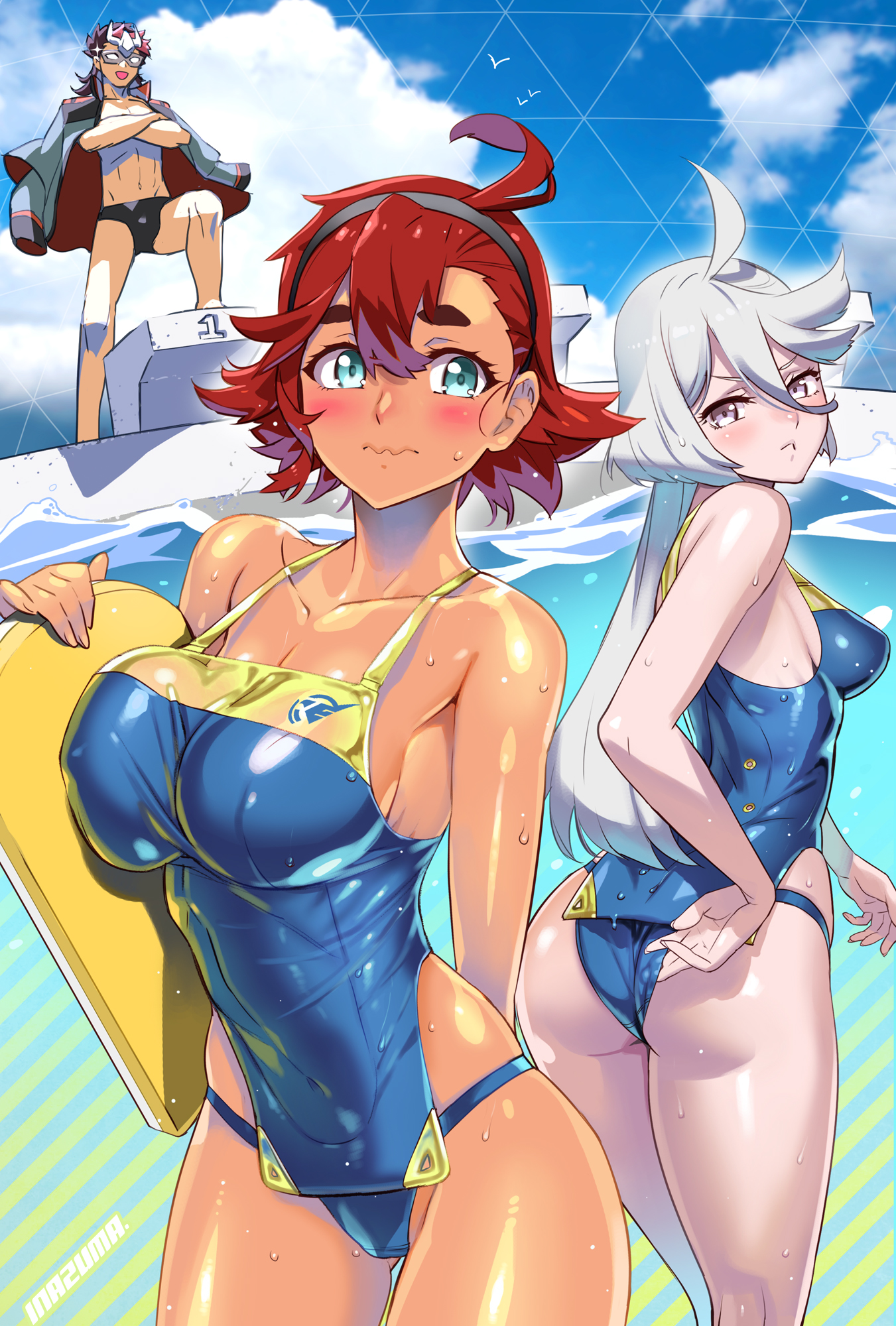1boy, 2girls, ass, character request, dark skin, dark-skinned female, digital accel works, female, gundam, gundam suisei no majo, inazuma (artist), light skin, light-skinned female, male, miorine rembran, one piece swimsuit, red hair, satou shouji, suletta mercury, white hair