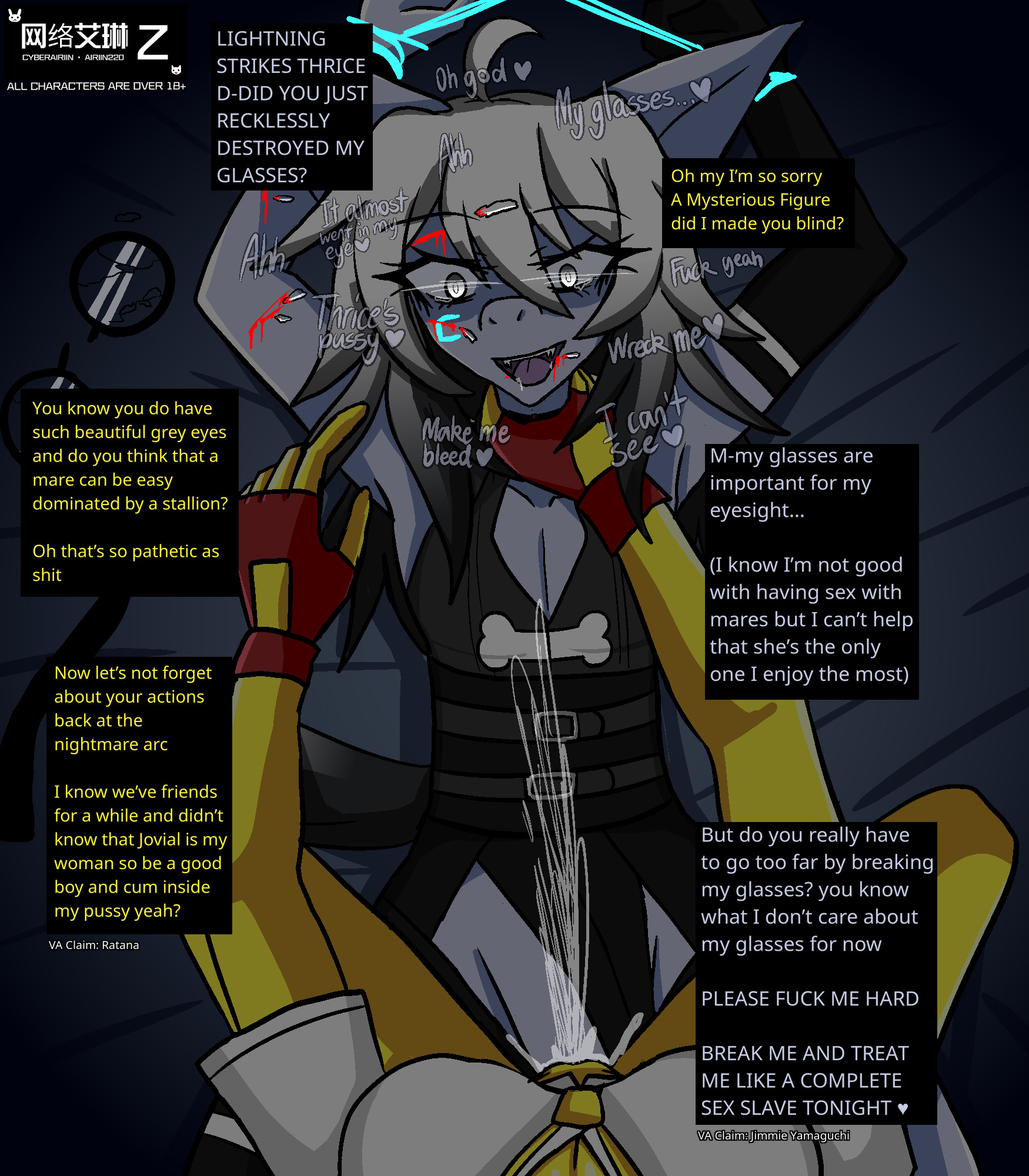 1boy, 1girls, 2025, a mysterious figure (horse race tests), airiin220, anthro, anthro on anthro, anthro only, big breasts, blood, blood in mouth, blood on face, breasts, broken glass, broken rape victim, choking, clothed sex, consensual non consent, cum, cum in pussy, cyberairiin (airiin220), english text, female, female ejaculation, female pov, femboy, femboysub, femdom, furry, furry only, horse, horse race tests, lightning strikes thrice, long hair, long hair male, male, male/female, penis, penis in pussy, pussy, rape, reverse rape, rough sex, scars, squirting, taker pov, text, twink, vaginal penetration