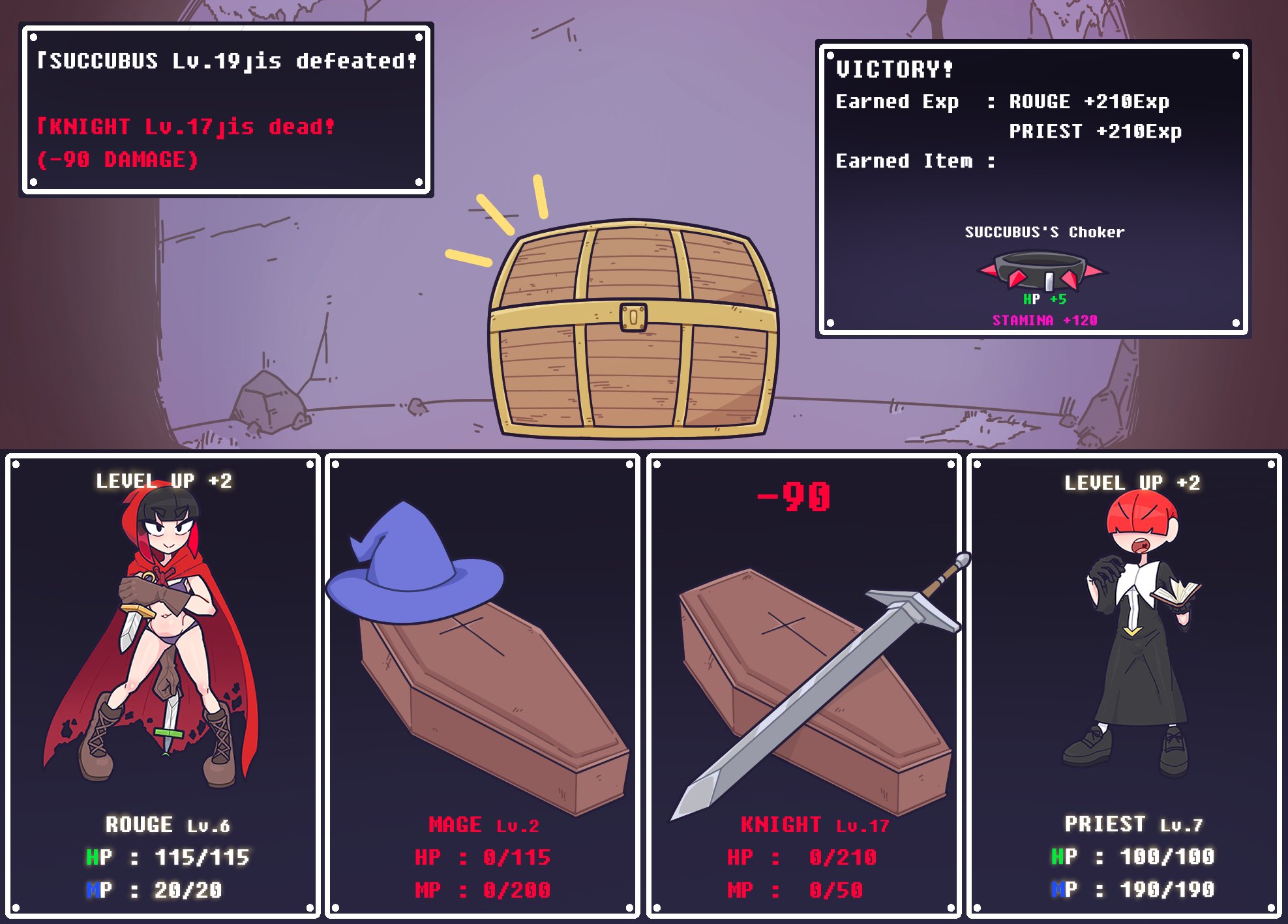 bikini, coffin, comic, death, female, female death, human death, kozatchu, priest, rogue, rpg, treasure chest