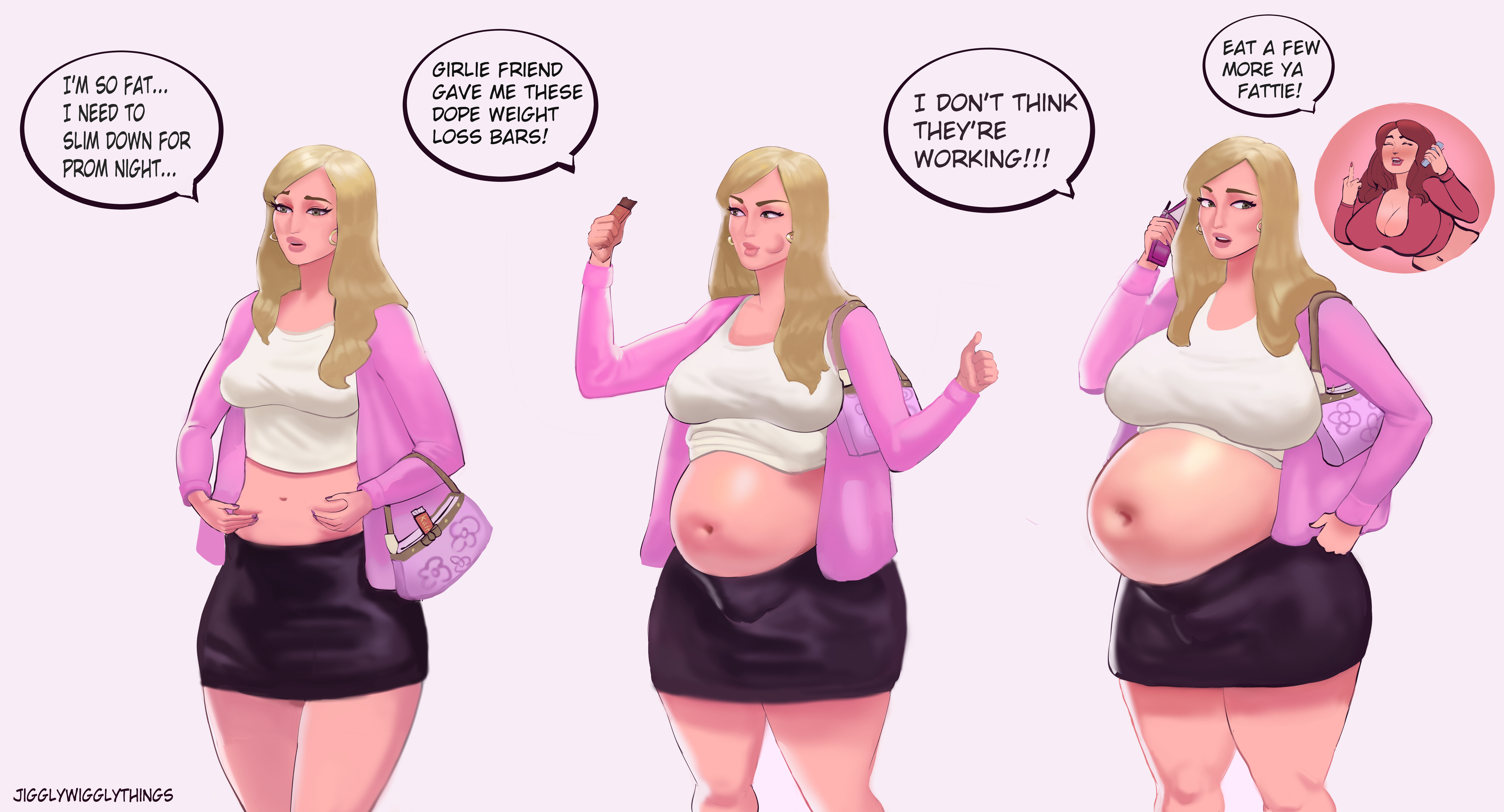 belly button, belly expansion, belly inflation, blonde hair, breast expansion, breast growth, breast growth (enlargement), breast inflation, breasts, cady heron, eating, fat, female, inflation, jigglywiggly, mean girls, prank, regina george, teasing, weight gain, weight gain female