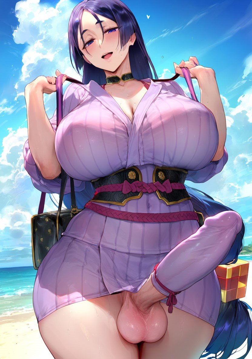 1futa, ai generated, bag, balls, bangs, beach, blue sky, blush, breasts, choker, cleavage, cloud, day, erection, fate (series), futa only, futanari, heart, huge breasts, intersex, large penis, light skin, light-skinned futa, long hair, looking at viewer, low-tied long hair, mature futa, minamoto no raikou (fate), minamoto no raikou (fate/grand order), minamoto no raikou (swimsuit lancer), ocean, open mouth, outdoors, penis, purple eyes, purple hair, racerai, sky, smile, solo, testicles, thighs, veins, very long hair, water