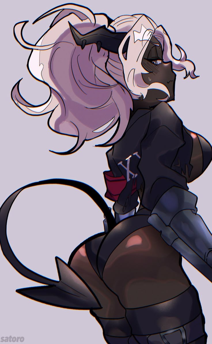 ass, cute face, demon, demon girl, demon horns, demon tail, demoness, female, helltaker, judgement (helltaker), satoro301, tagme