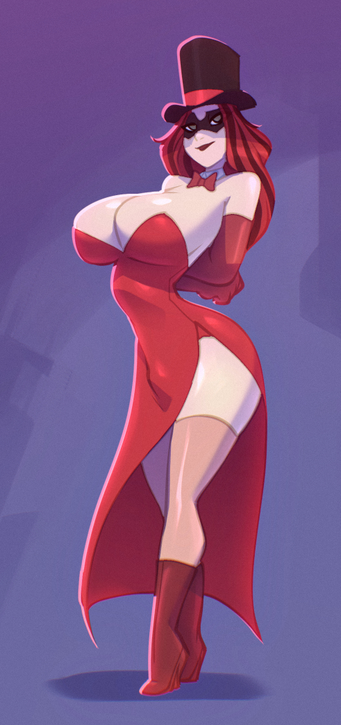 1girls, bare shoulders, bare thighs, big breasts, bigdad, breasts, clothed, clothing, color, female, female focus, female only, hat, hi res, large breasts, light skin, light-skinned female, long hair, looking at viewer, no bra, original, original character, red hair, solo, solo female, stockings, tagme, the gentleman mage, thick thighs