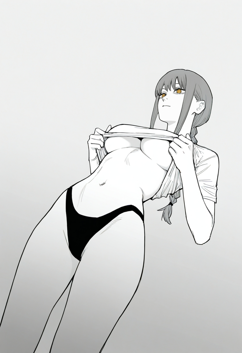 1girls, ai generated, black panties, breasts, chainsaw man, female, makima (chainsaw man), panties, shirt, shirt and panties, shirt lift, solo, underboob, zloimakak