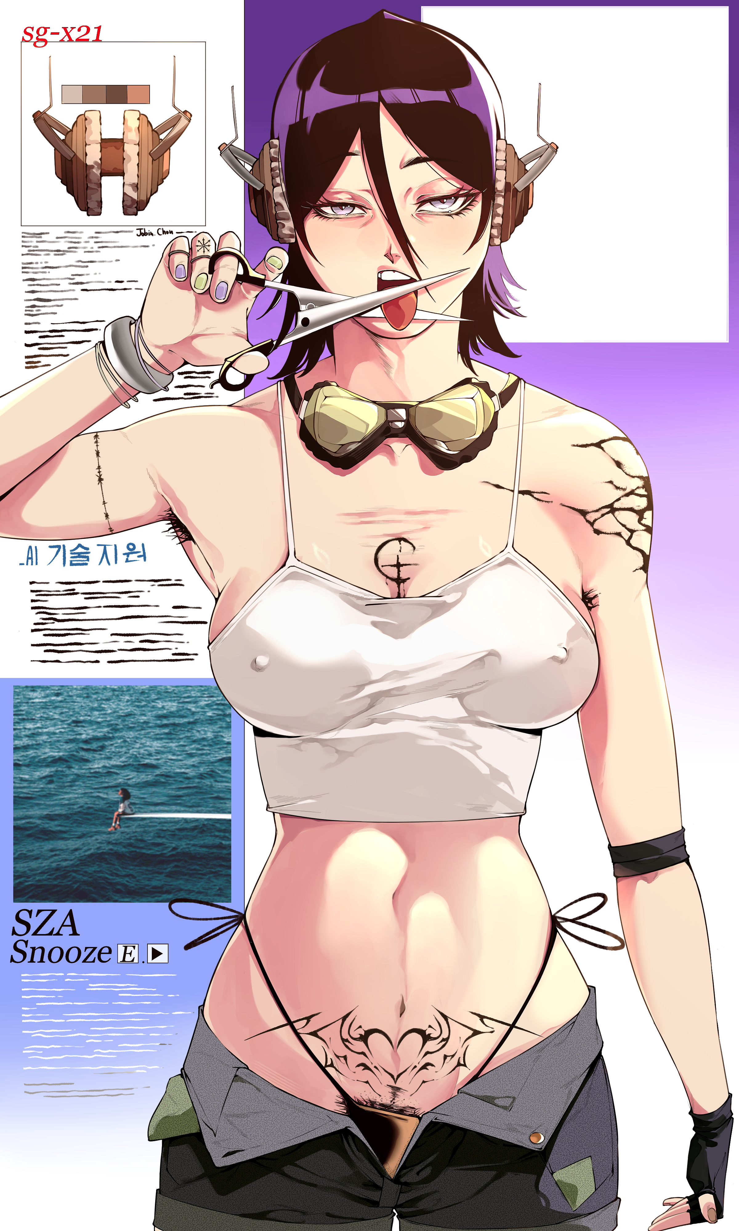 arm tattoo, bare shoulders, black hair, bleach, breasts, cleavage, clothing, covered nipples, crop top, denim, eyewear, female, fingerless gloves, gloves, goggles, goggles around neck, grey eyes, hair between eyes, holding, jewelry, jobin chan, kuchiki rukia, large breasts, looking at viewer, medium breasts, midriff, nail polish, navel, open fly, open mouth, panties, pants, piercing, pubic hair, pubic tattoo, purple hair, purple nails, scissors, shirt, short hair, shorts, shoulder tattoo, solo, standing, tank top, tattoo, teeth, text, tongue, tongue out, underwear
