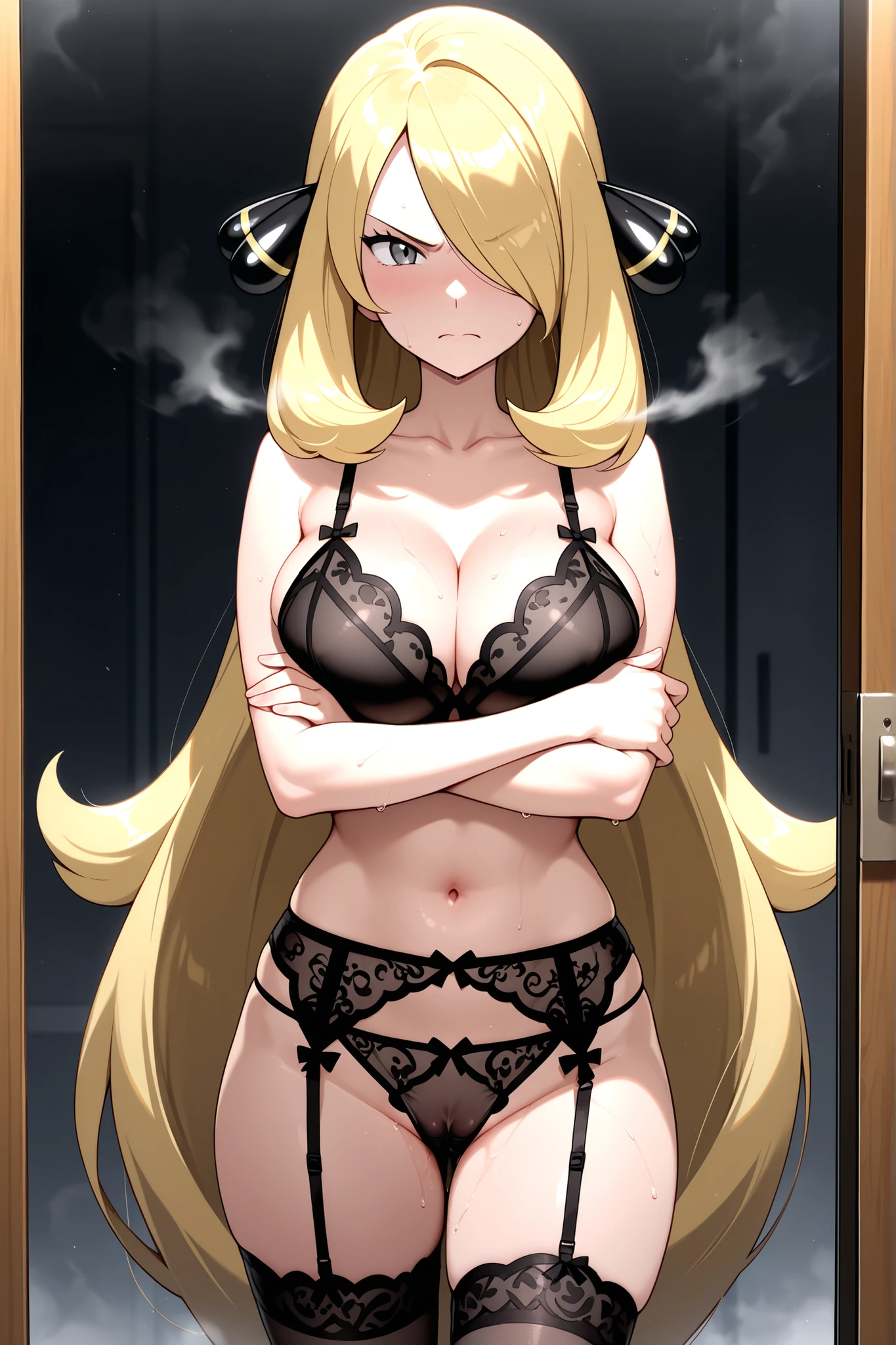 ai generated, angry, angry face, arms crossed, blonde hair, cameltoe, cynthia (pokemon), female, female only, lingerie, nintendo, pokemon, pokemon dppt, pussy, sweating