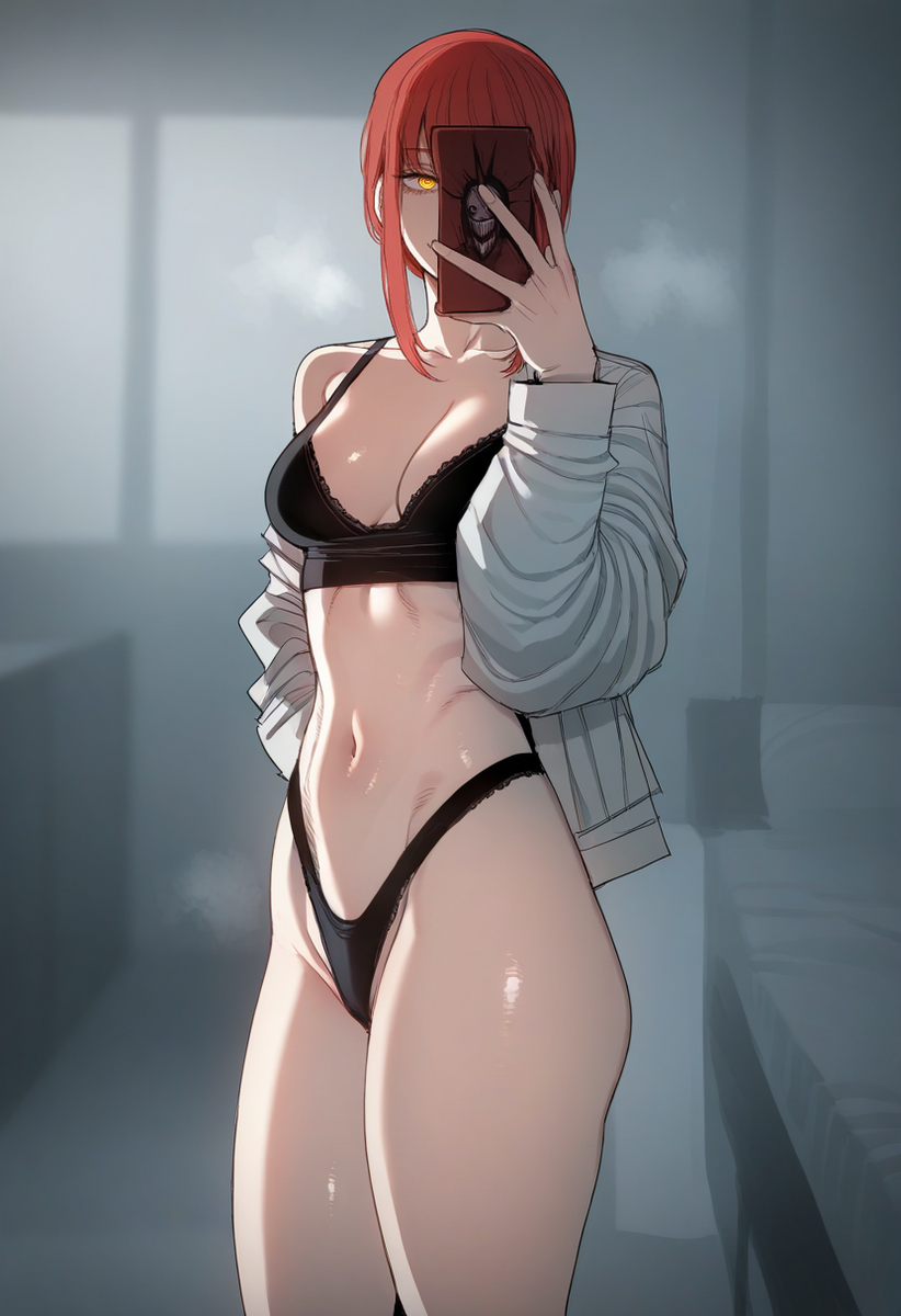 1girls, ai generated, black bra, black panties, black underwear, bra, chainsaw man, female, makima (chainsaw man), panties, phone, shirt, solo, underwear, white shirt, zloimakak