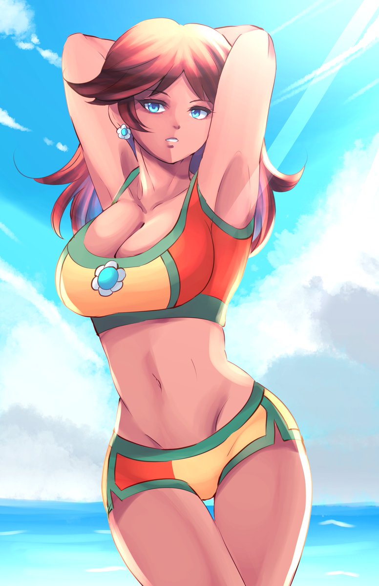 1girls, alternate costume, armpits, arms behind head, blue eyes, breasts, brown hair, cleavage, cowboy shot, crop top, dolphin shorts, earrings, english commentary, female, flower earrings, jewelry, large breasts, long hair, looking at viewer, mario (series), mario kart, mario kart world, midriff, navel, nintendo, official alternate costume, princess daisy, princess daisy (swimwear), sean sorey, shorts, smile, solo, sports bra, thigh gap, water, yellow shorts, yellow sports bra