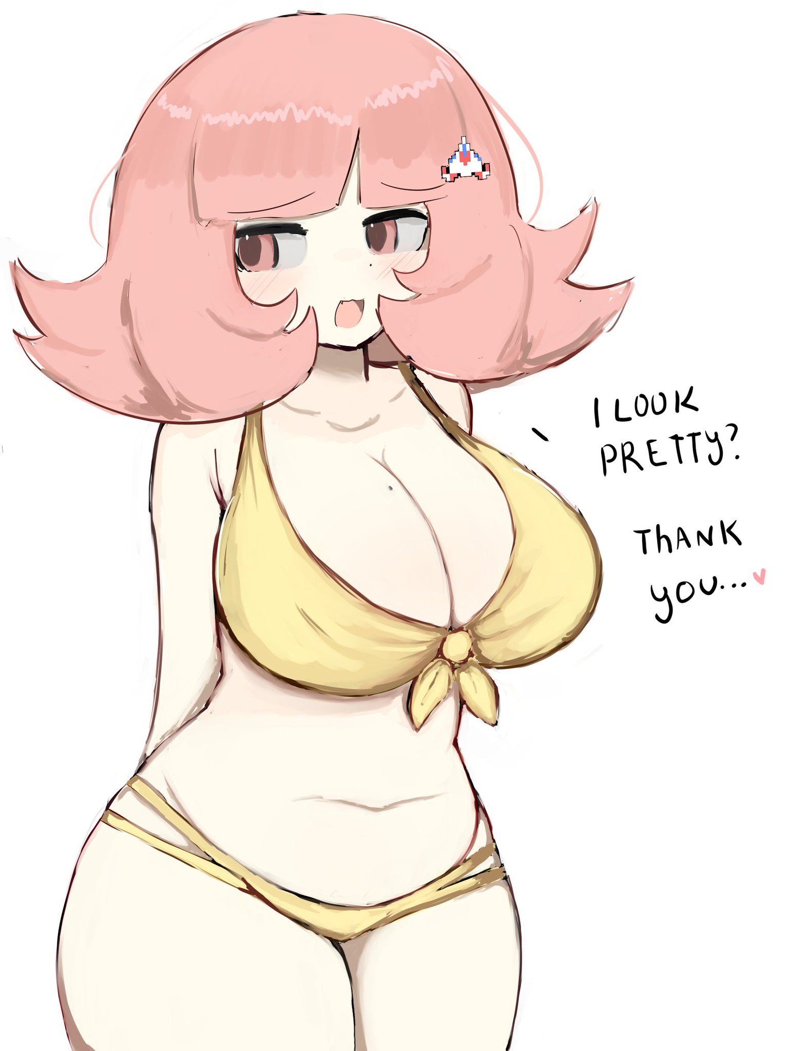?, 1girls, adorable, adorable face, adorable girl, big boobs, big breasts, boobs, breasts, busty, busty female, chubby, chubby female, curvaceous, curvy body, curvy female, curvy figure, curvy hips, cute, cute but busty, cute face, cute female, danganronpa, danganronpa 2: goodbye despair, female, female only, golden bikini, hair ornament, hourglass figure, huge breasts, large breasts, melink (artist), mole on breast, nanami chiaki, pink eyes, pink hair, shortstack, sole female, thick hips, thick thighs, thighhighs, thighs, voluptuous, voluptuous female, white background, wide hips, yellow bikini
