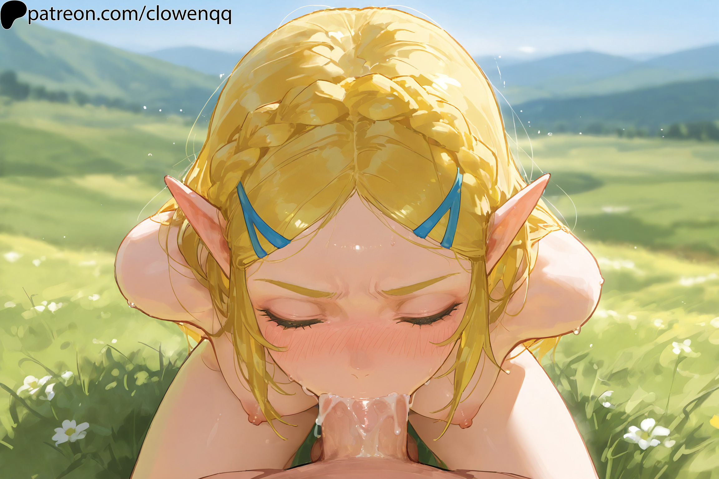 1boy, 1girls, ai assisted, ai generated, blonde hair, blowjob, blush, breasts, closed eyes, clowenqq, cum, cum in mouth, fellatio, female, female focus, from above, hairclip, kneeling, long hair, male, male/female, naked, naked female, nipples, no bra, nude, nude female, oral, oral penetration, oral sex, outdoors, outside, penis, penis in mouth, pointy ears, pov male, princess zelda, scenery, sucking, sucking penis, the legend of zelda, thighs, topless, uncensored