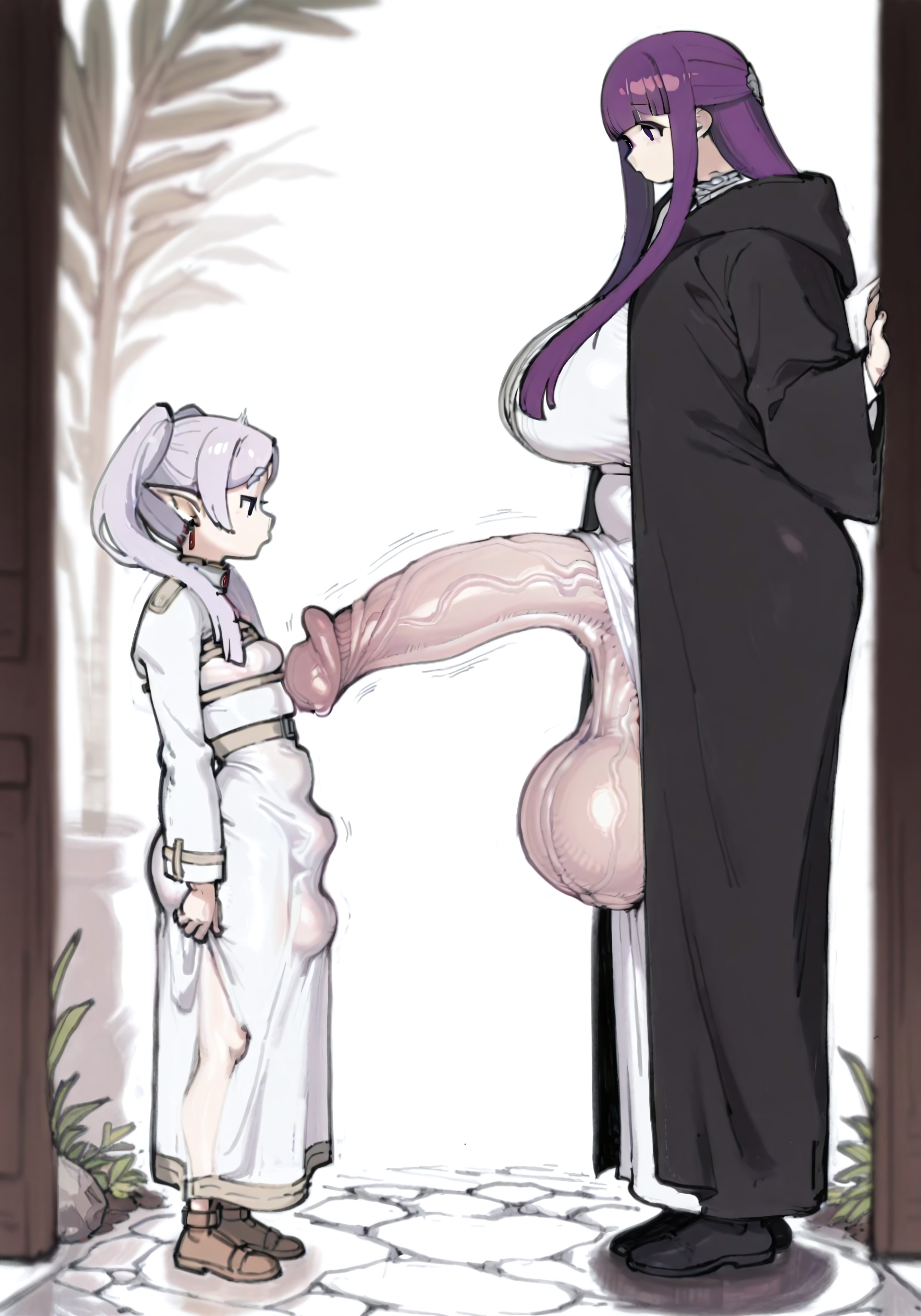ai generated, balls, breasts, erection under clothes, female, fern (sousou no frieren), frieren, frieren beyond journey's end, full-package futa, futa on female, futa/female, futanari, heavy balls, hi res, huge cock, hung futa, intersex, large balls, large breasts, looking at penis, looking down, myth1c2, penis, penis size difference, purple hair, size difference, small breasts, sousou no frieren, tall futa