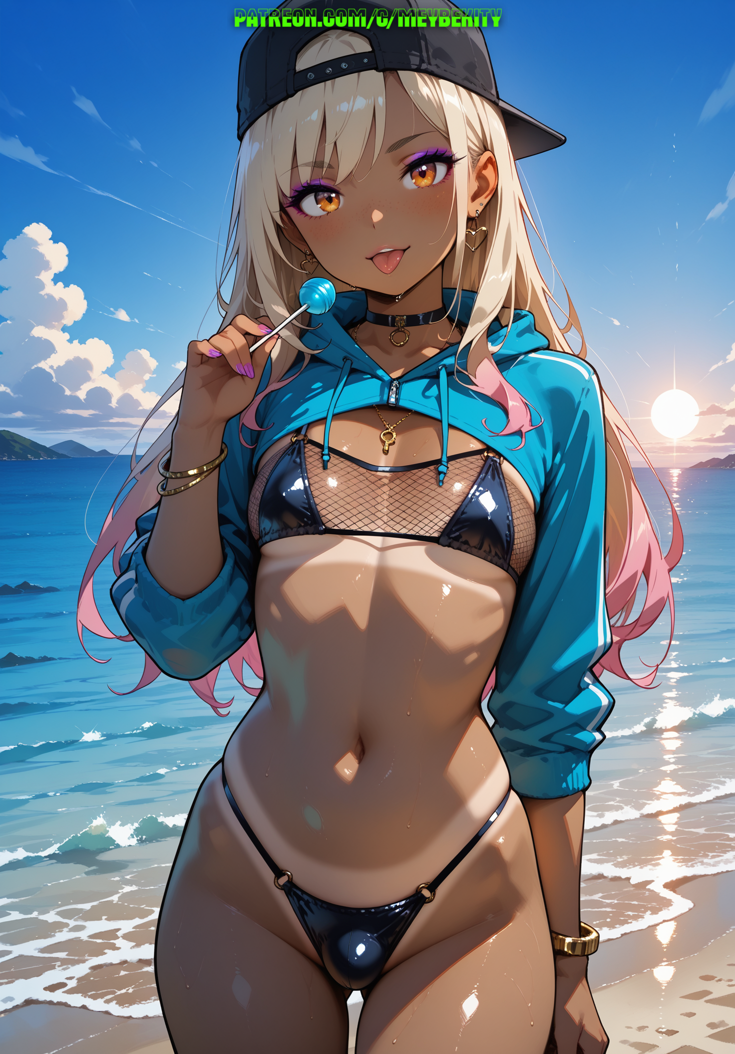 1boy, ai generated, bikini, blonde hair, bulge, femboy, gyaru, heart earrings, hips, looking at viewer, makeup, male, meybekity, nipples, orange eyes, otoko no ko, solo, tanned, tanned femboy, tongue, tongue out, trap, yaoi