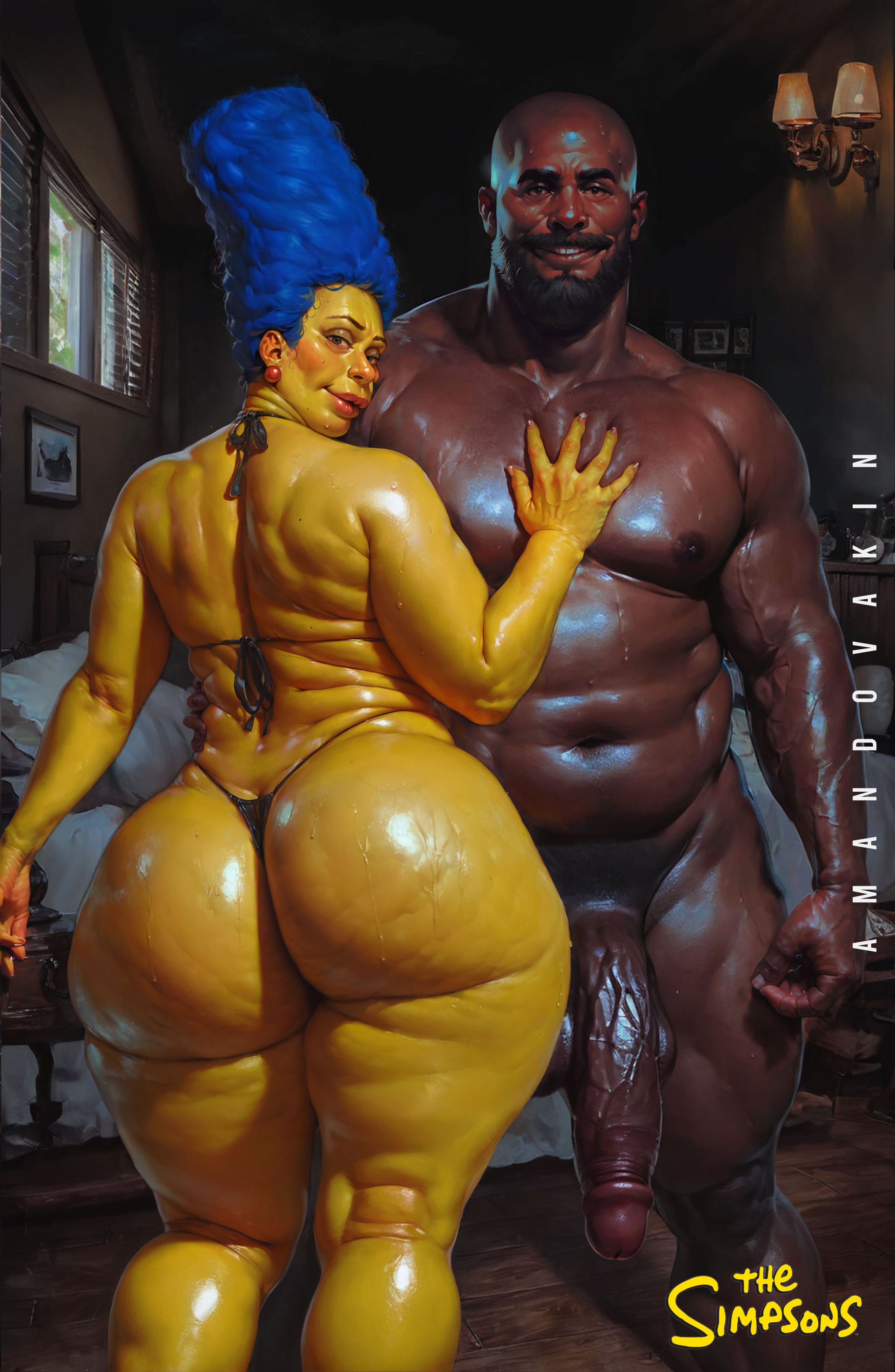 1boy, 1girls, ai generated, amandovakinai, ass, big ass, dark skin, dark-skinned male, female, horror, huge asshuge cock, interracial, male, male/female, marge simpson, penis, the simpsons, what, woman, wtf is this