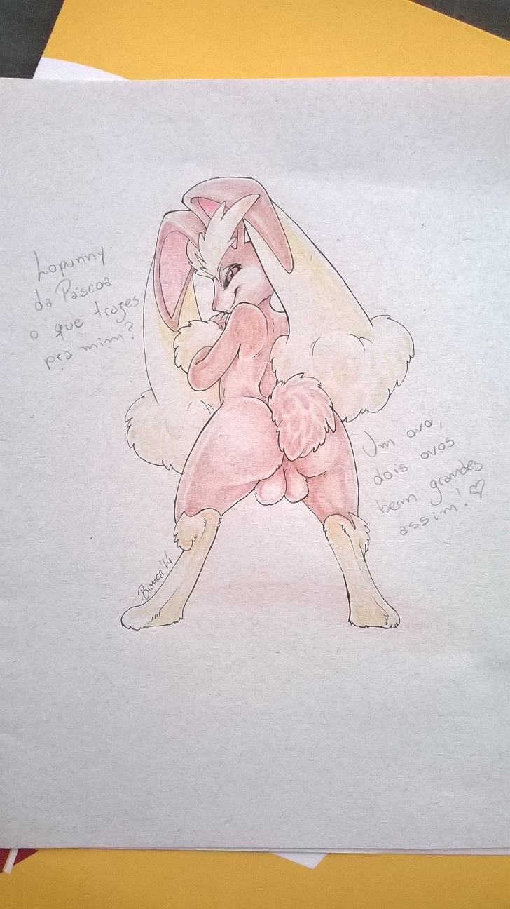 2014 anthro ass balls big_balls brown_body easter easter_bunny fluffy fluffy_tail generation_4_pokemon genitals hand_on_chin heart_symbol hi_res holidays lagomorph looking_back lopunny male mammal mischievous mischievous_smile mukuroy nintendo pokemon pokemon_(species) portuguese_text question_mark rear_view signature simple_background smile solo solo_male tail text traditional_media_(artwork) translated white_background