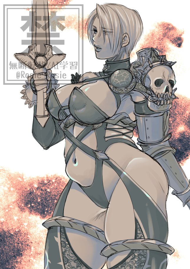 1girls, armwear, big breasts, breasts, clothed, clothed female, female, female focus, female only, hair over one eye, isabella valentine, large boobs, large breasts, light hair, light skin, light-skinned female, rosie rosie, solo, solo female, solo focus, soul calibur, sword, tall female, tall woman, weapon