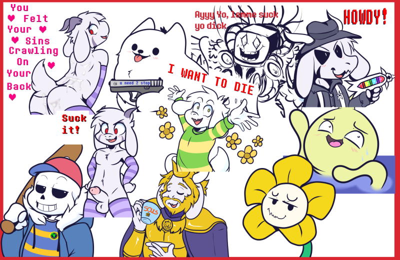 2017 annoying_dog_(undertale) arm_warmers asgore_dreemurr asriel_dreemurr blush canine caprine crackers dialogue erection femboy firearm flowey_the_flower game_theory gangster gun heart male_only mammal meme mobster omega_flowey onionsan penis photoshop_flowey sans skeleton striped_armwear striped_legwear tea text thighhighs trash undead undertale video_games