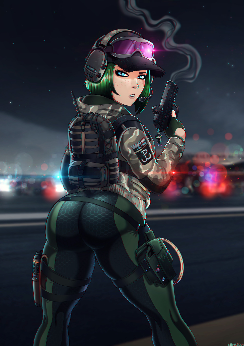 1girls ass blue_eyes blurry_background bubble_ass bubble_butt dat_ass ela_(rainbow_six) female female_only firearm freckles green_hair gun handgun piercing_eyes polish rainbow_six rainbow_six_siege shadman solo standing tight_clothes tom_clancy ubisoft weapon