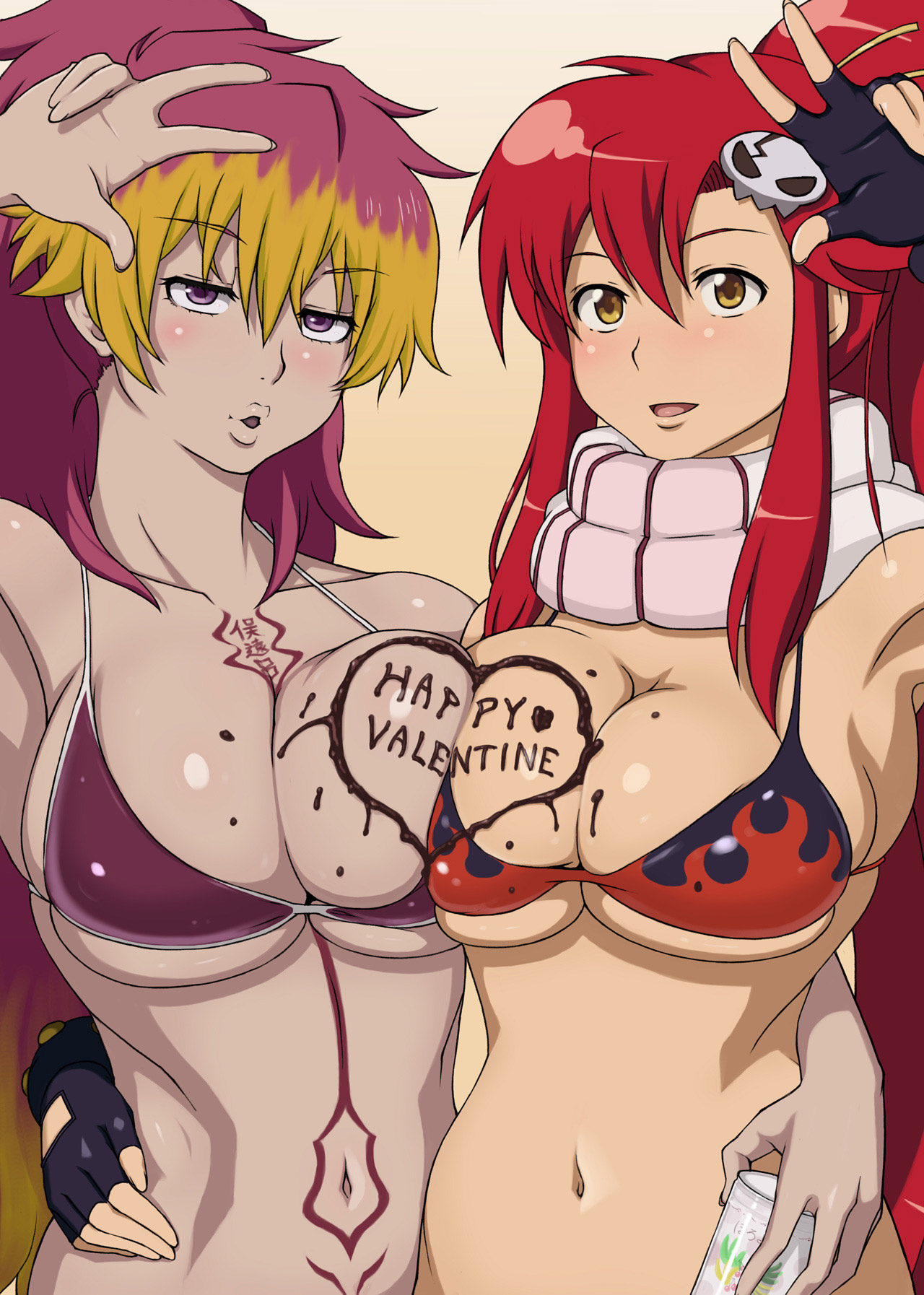 2girls, ao madou-shi, ao no exorcist, armpits, blush, breast squeeze, breasts, chocolate, chocolate on breasts, female, highres, huge breasts, kirigakure shura, large breasts, looking at viewer, navel, simple background, smile, tattoo, tengen toppa gurren lagann, v, waving, yoko littner