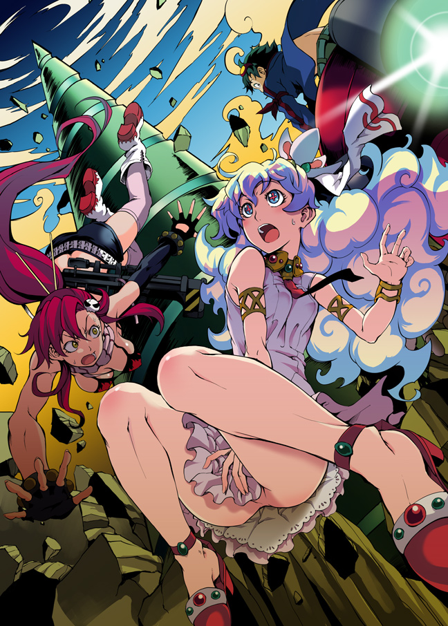 +_+ 00s 1boy 2girls bare_legs bracelet breasts covering_crotch covering_privates cross-shaped_pupils fingerless_gloves gloves jewelry lagann large_breasts long_hair maybe multicolored_hair multiple_girls nia_teppelin no_panties no_underwear ponytail shoes simon_(ttgl) small_breasts symbol-shaped_pupils tengen_toppa_gurren_lagann thighhighs two-tone_hair yoko_littner