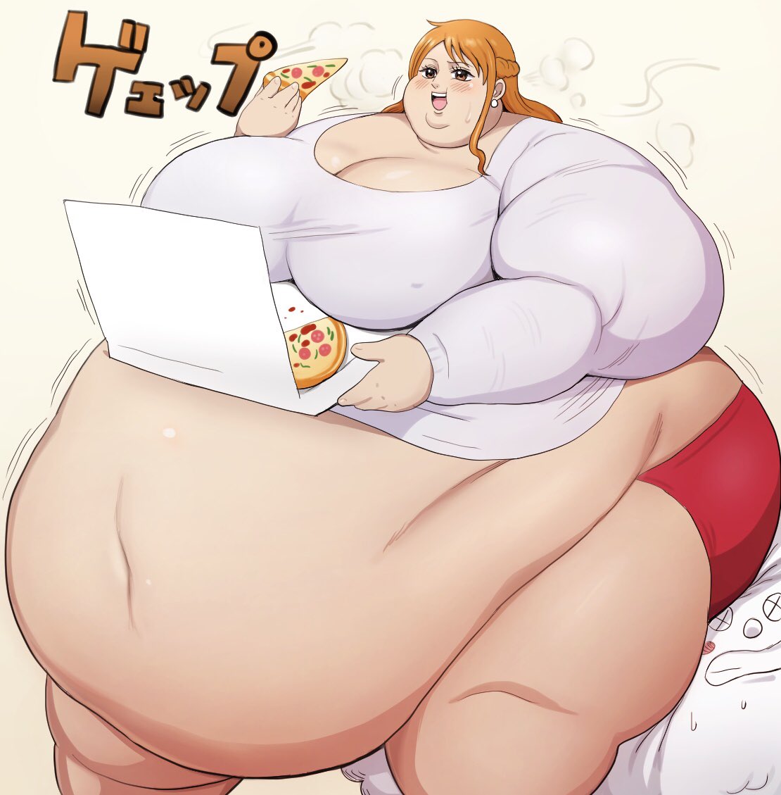 1girls eating_food fat_fetish large_belly large_breasts nami_(one_piece) nikutsuki one_piece seated ssbbw